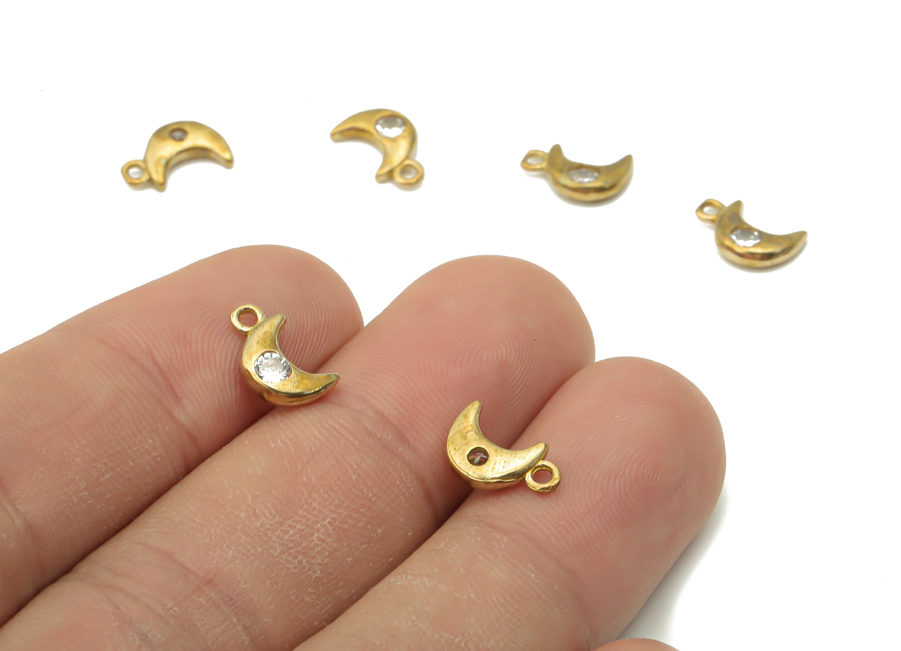 Brass Crescent Moon Charms - Raw Brass Mini Crescent Moon Earring Charm with Zircon - Brass Pendant - For Bracelet - 10.3x6.1x2.1mm - PP7690 - DOMEDBAZAAR