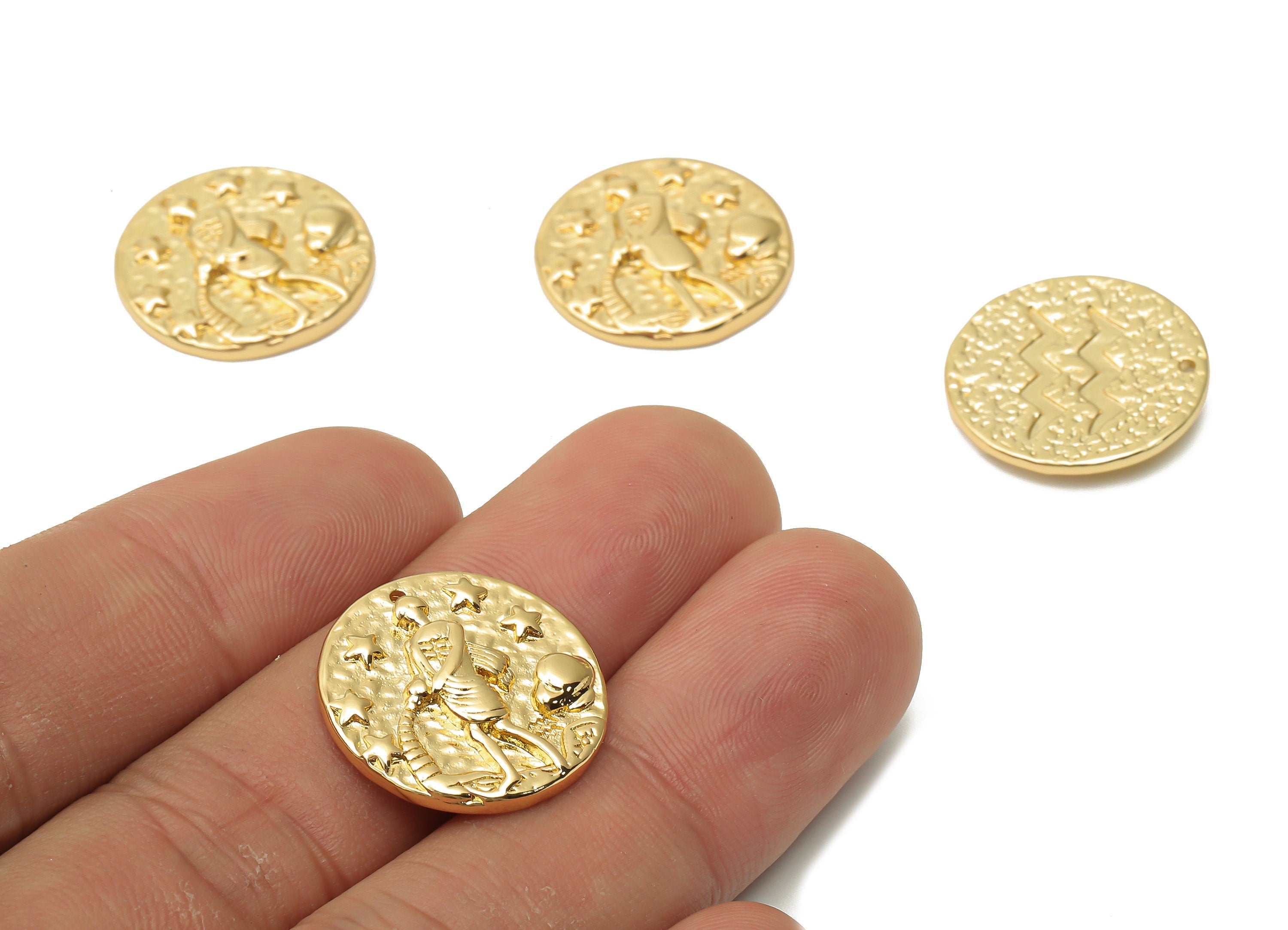 Brass Aquarius Round Earring Charm - Brass Zodiac Pendant - Horoscopes Aquarius Necklace - 18K Real Gold Plated - 19.4x19.4x3.2mm - RGP4783A - DOMEDBAZAAR