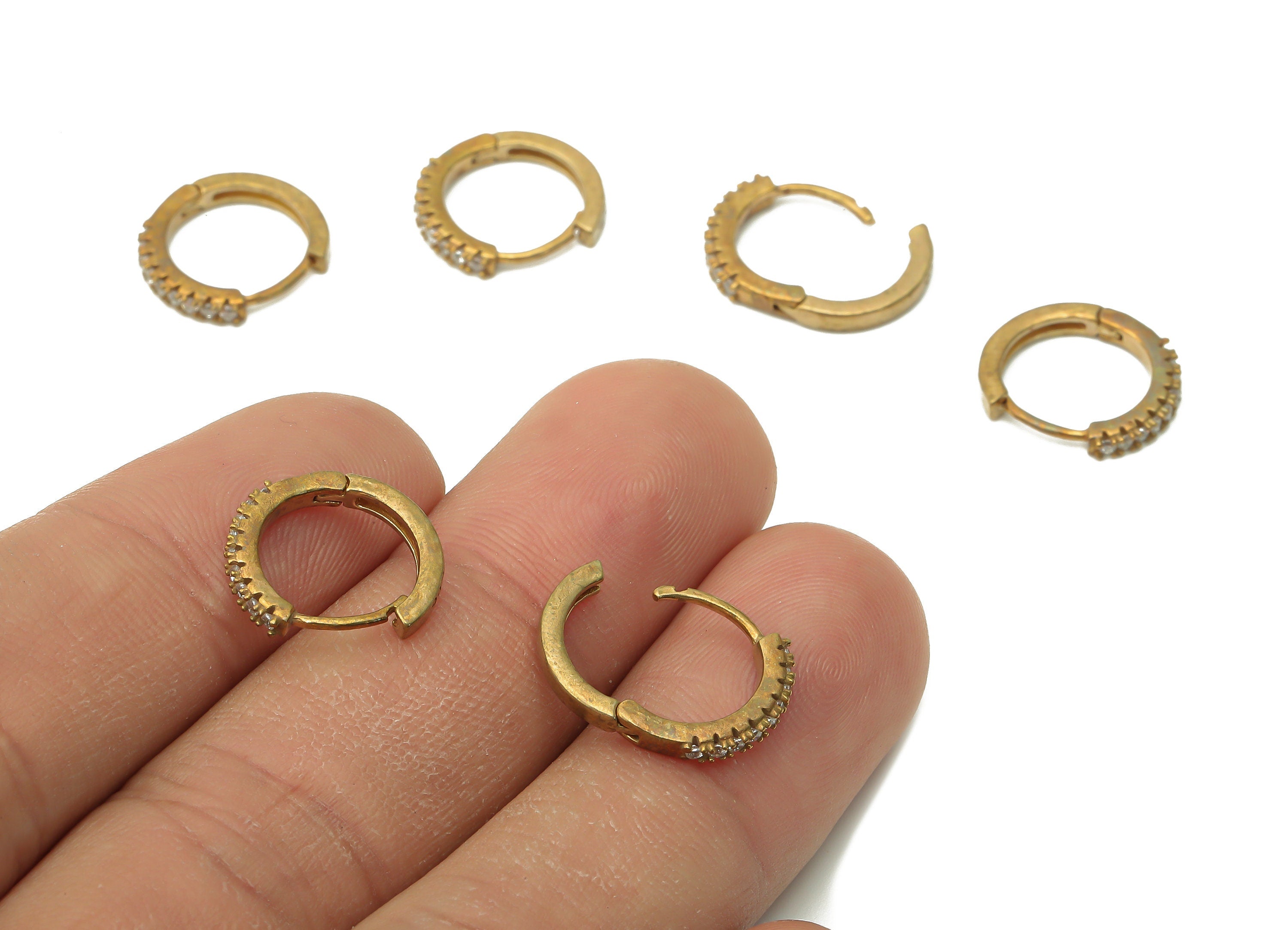 Brass Huggie Earrings Clasps- Raw Brass Round Huggie Hoop Earring With Zircon - Brass Textured Circle Clasp - 13.8x13.8x2.1mm - PP7691 - DOMEDBAZAAR