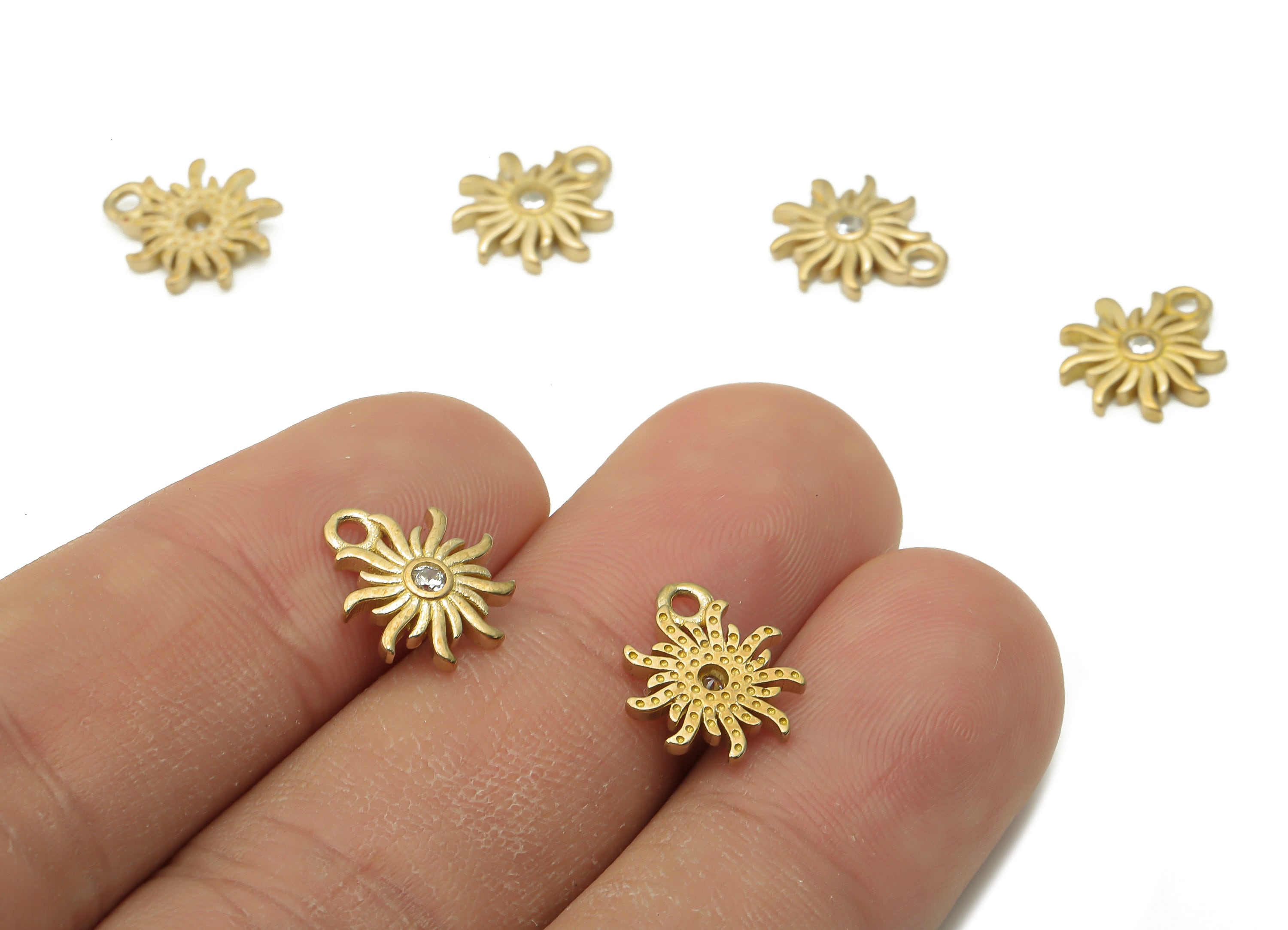 Brass Sun Earring Charms - Raw Brass Mini Sun Pendant With Zircon - Brass Earring - Brass Necklace - For Bracelet - 12.1x10.5x1.8mm - PP7692 - DOMEDBAZAAR