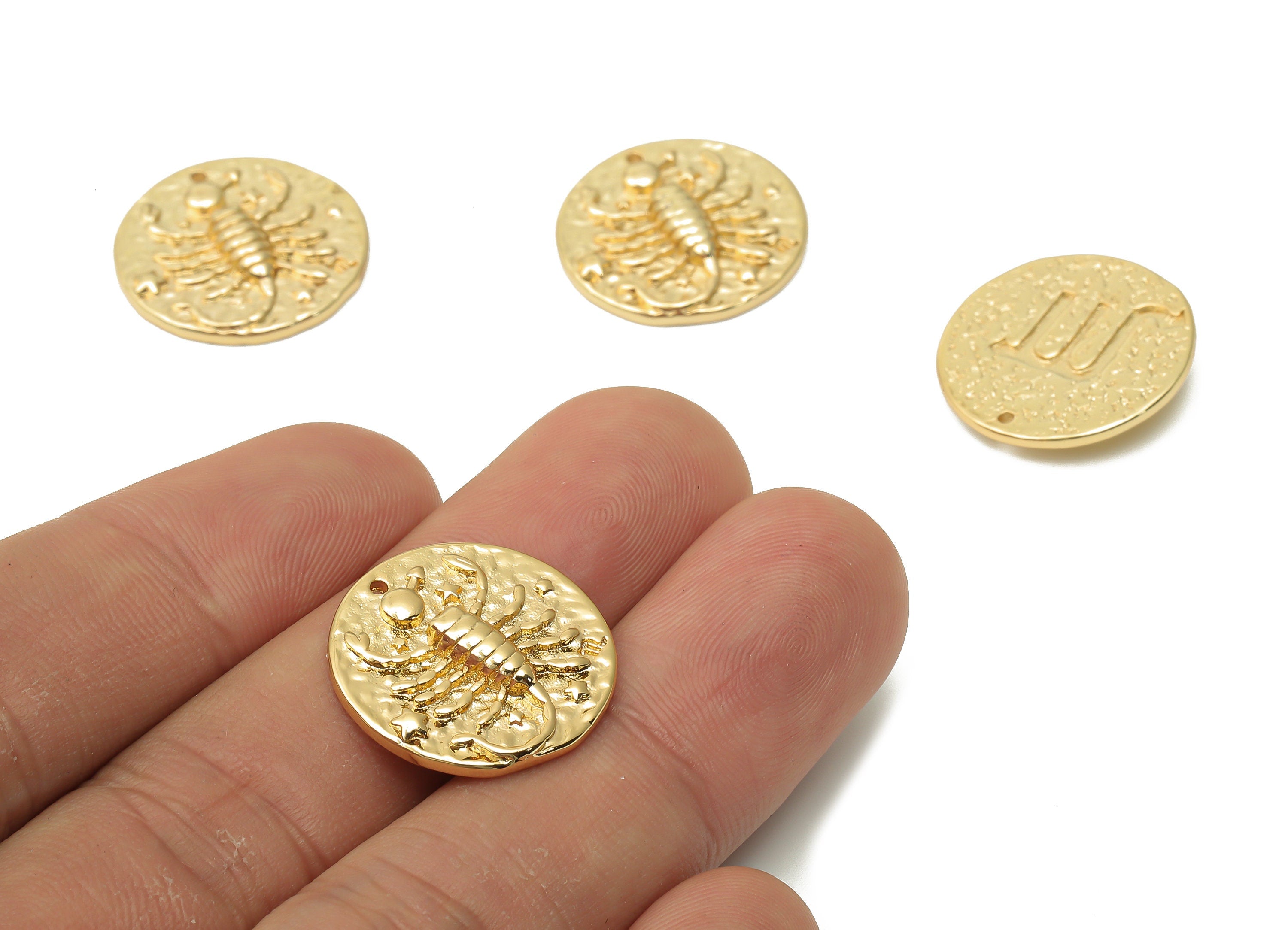 Scorpio Round Earring Charm - Brass Zodiac Pendant - Brass Horoscopes Scorpio Necklace- 18K Real Gold Plated - 19.4x19.4x2.76mm - RGP4783C - DOMEDBAZAAR
