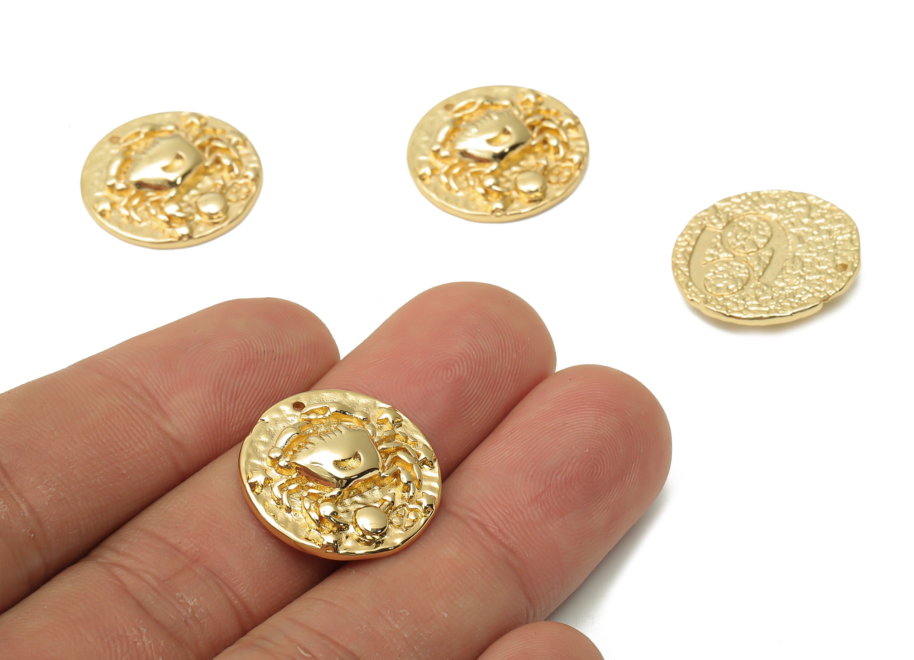 Cancer Round Earring Charm - Brass Zodiac Necklace - Brass Horoscopes Cancer Pendant - 18K Real Gold Plated - 19.4x19.4x4.4mm - RGP4783D - DOMEDBAZAAR