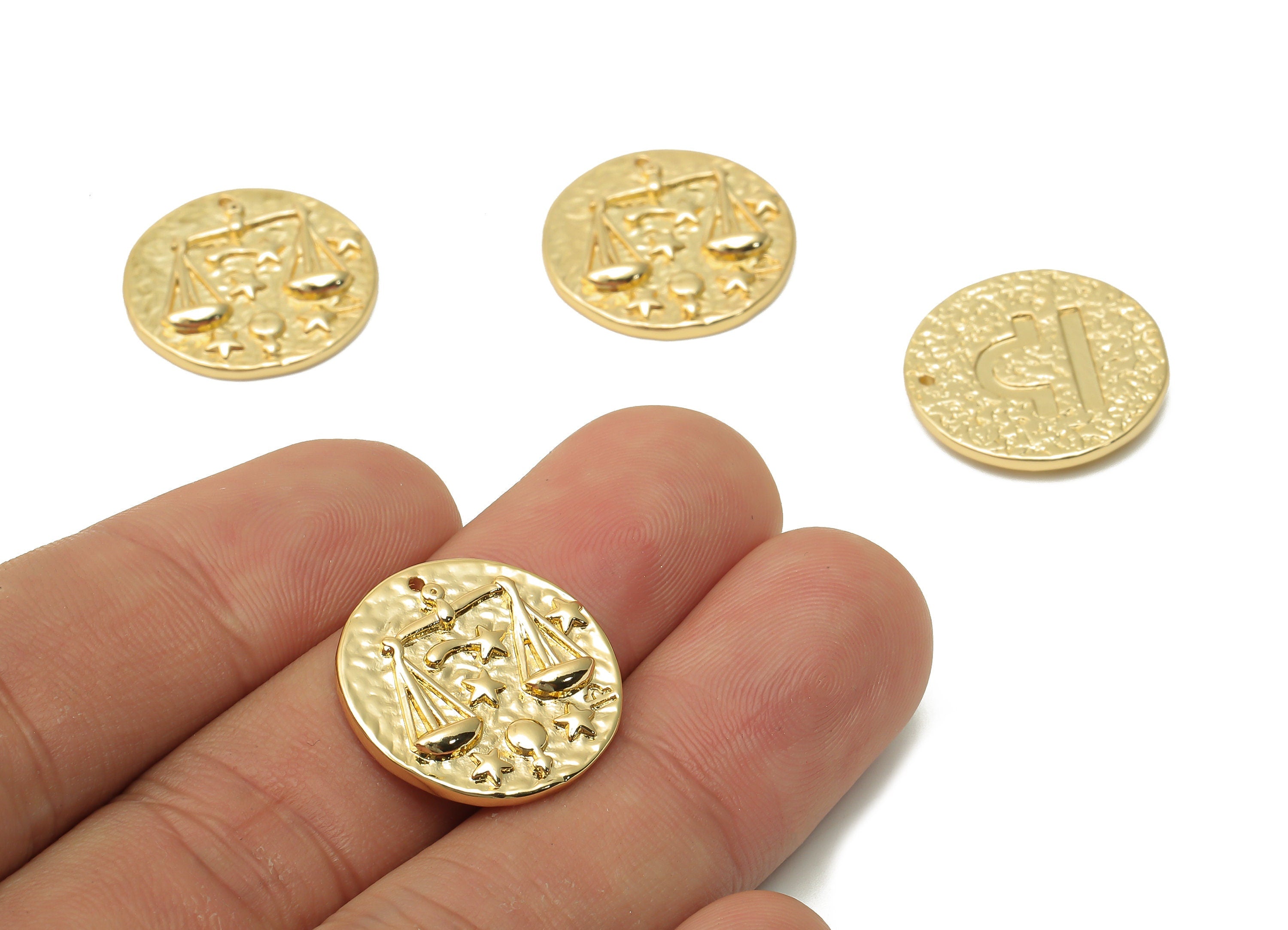 Libra Round Earring Charm - Brass Horoscope Necklace - Balance Pendant - Zodiac Pendant - - 18K Real Gold Plated - 19.4x19.4x2.44mm-RGP4783E - DOMEDBAZAAR