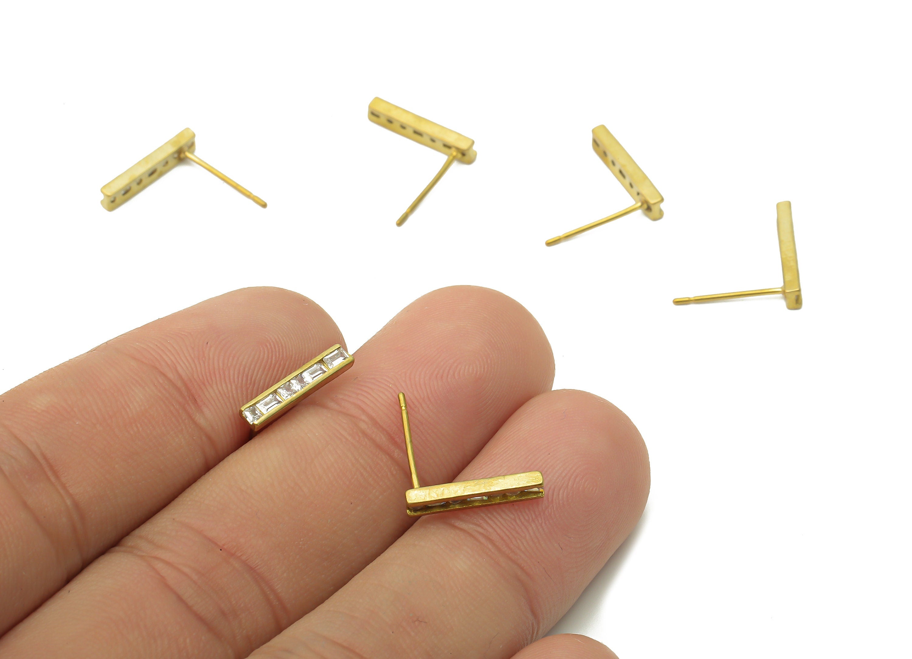 Brass Earring Stud - Raw Brass Earring Stud With Zircon - Raw Brass Earring Post - Earring Studs - Earring Post - 13.6x2.92x1.66mm - PP7710 - DOMEDBAZAAR