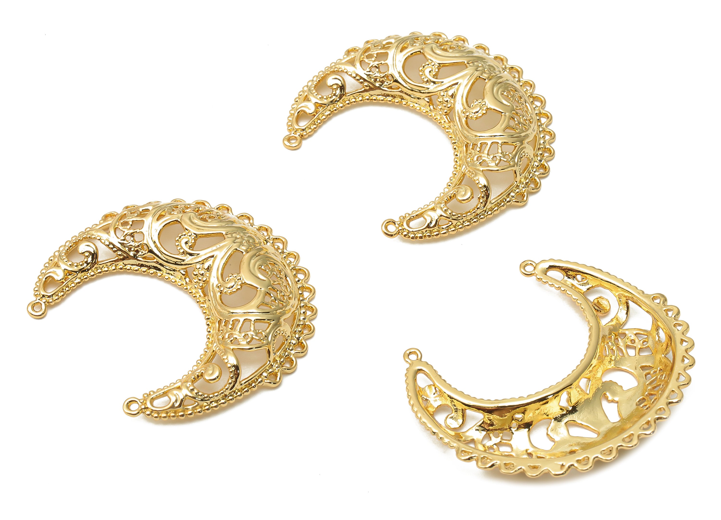Brass Crescent Earrings Charm - Brass Textured Connectors - Brass Raised Moon Pendant - 18K Real Gold Plated - 37.16x34.47x2.48mm - RGP4785 - DOMEDBAZAAR
