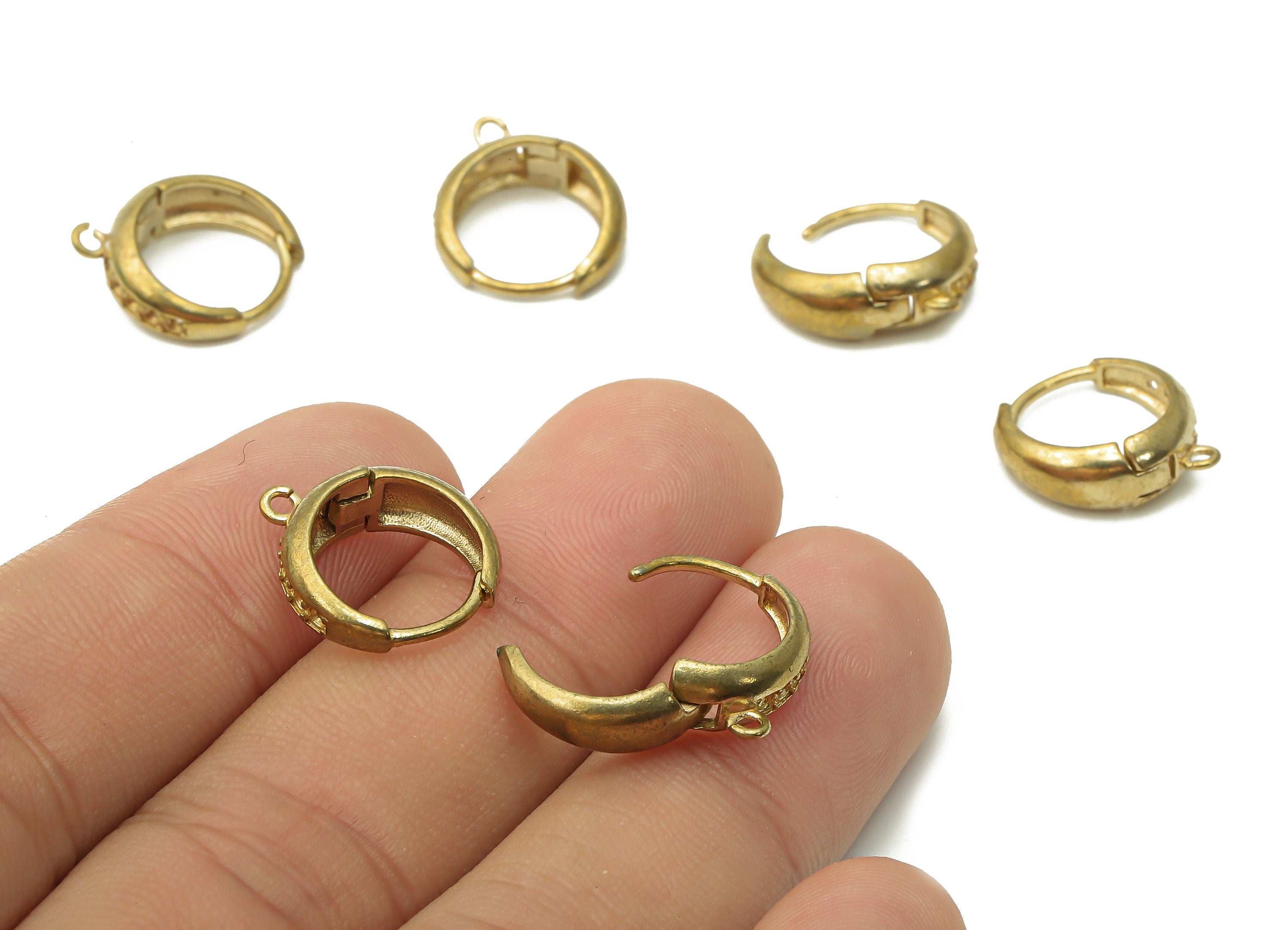 Brass Circle Earring Clasps - Raw Brass Round Huggie Hoop Earring With Loop - Brass Round Huggie Thick Hoop Clasp - 15.7x14.2x1.9mm - PP7716 - DOMEDBAZAAR