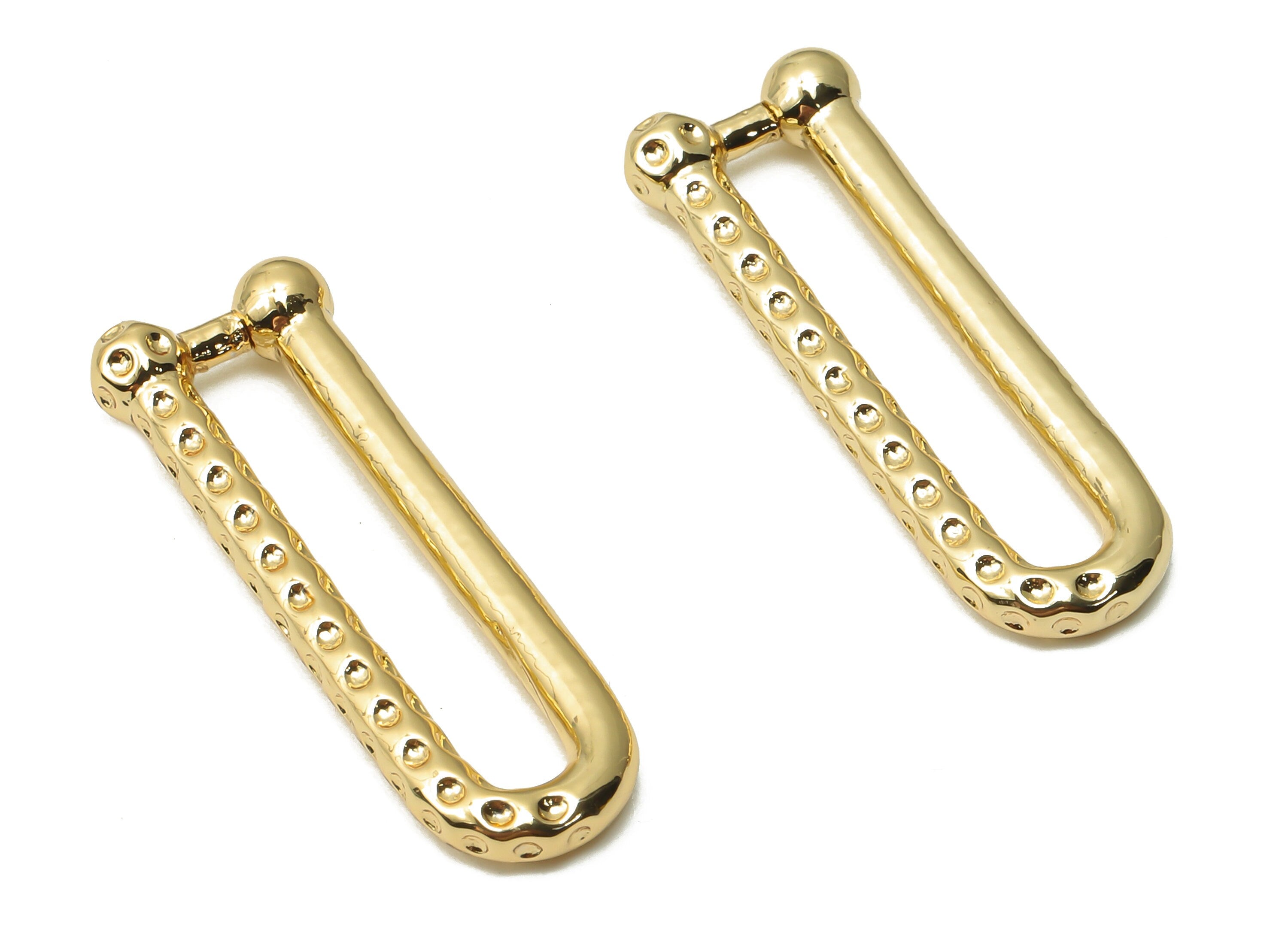 Brass Long U Earrings Clasps - Brass Spot Hoop Earrings - Textured Geometric Earrings - 18K Real Gold Plated - 29.84x10.25x2.62mm - RGP4793 - DOMEDBAZAAR