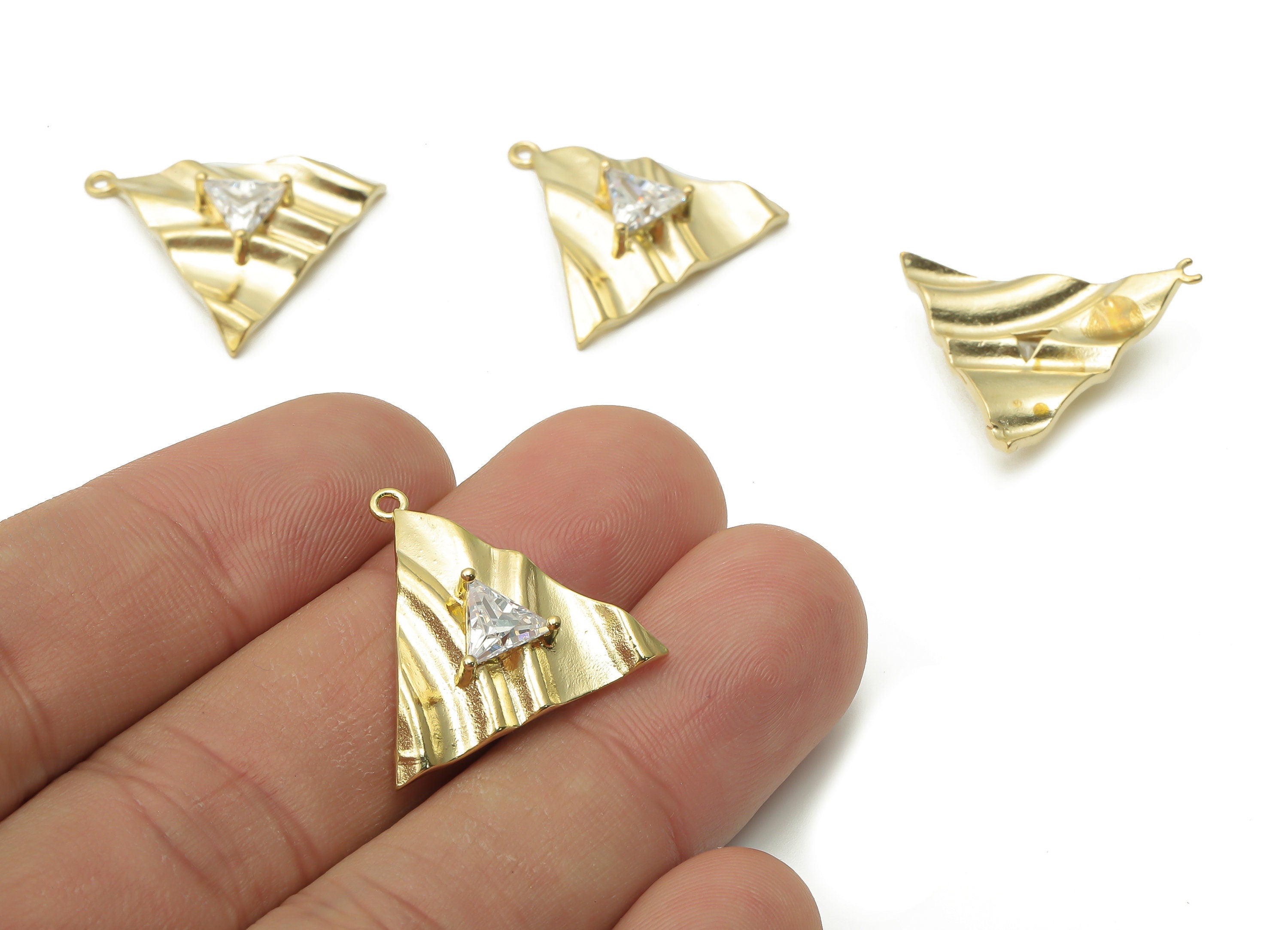 Brass Triangle Earrings Charms - Raw Brass Triangle Wave Earring With Zircon - Raw Brass Triangle Wavy Pendant - 22.24x21.73x1.4mm - PP7729 - DOMEDBAZAAR