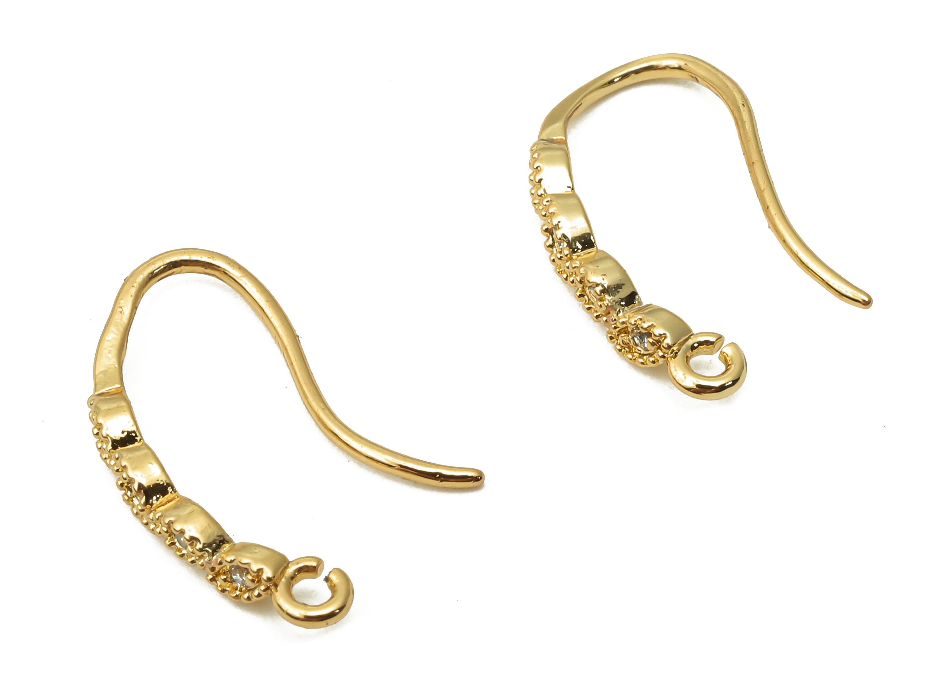 Brass Long Bean Earring Hook with Zircon – Brass Hook Earrings With Loop - Ear Wire - 18K Real Gold Plated - 17.95x7.78x1.4mm - RGP4801 - DOMEDBAZAAR