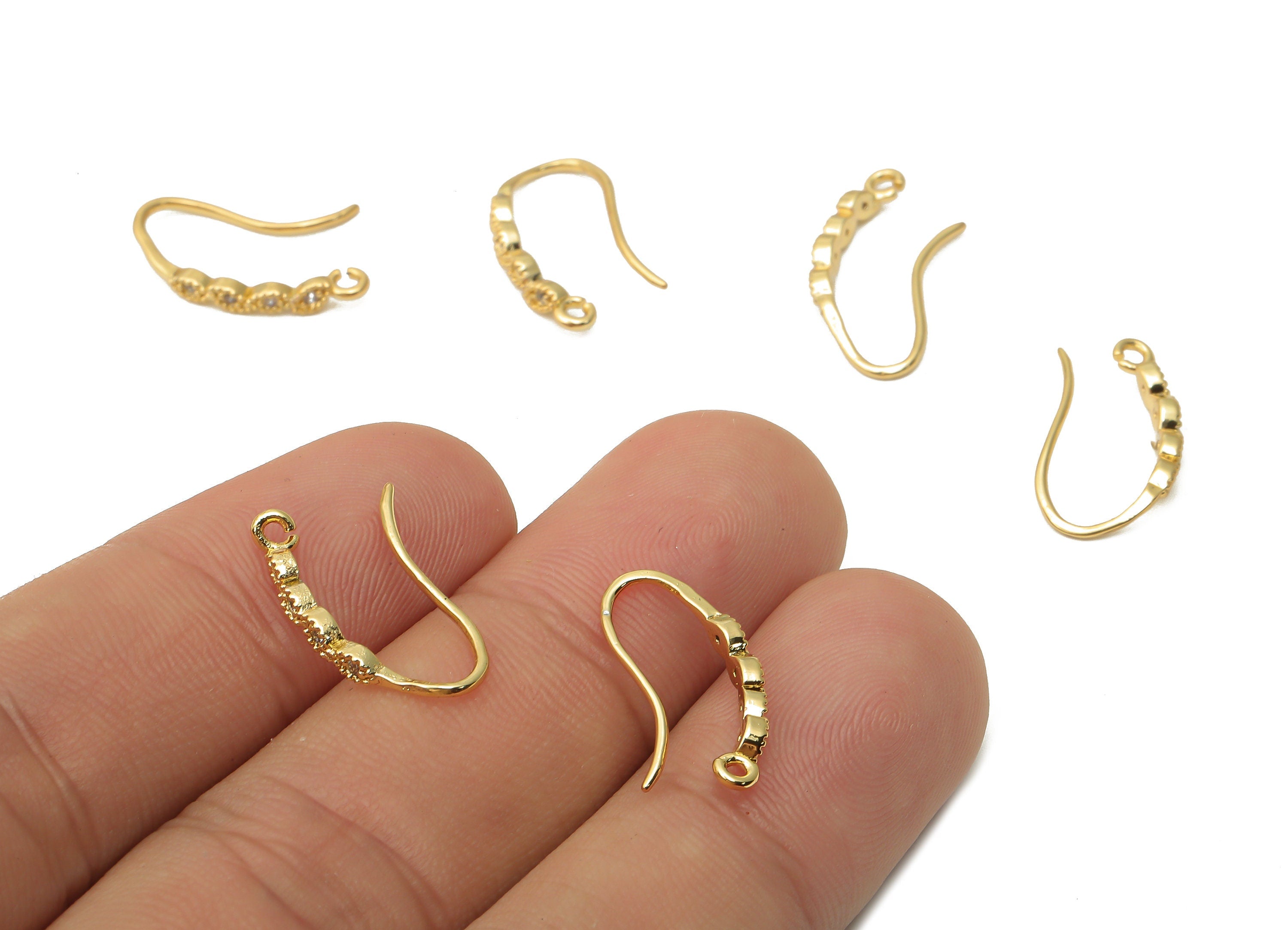 Brass Long Bean Earring Hook with Zircon – Brass Hook Earrings With Loop - Ear Wire - 18K Real Gold Plated - 17.95x7.78x1.4mm - RGP4801 - DOMEDBAZAAR