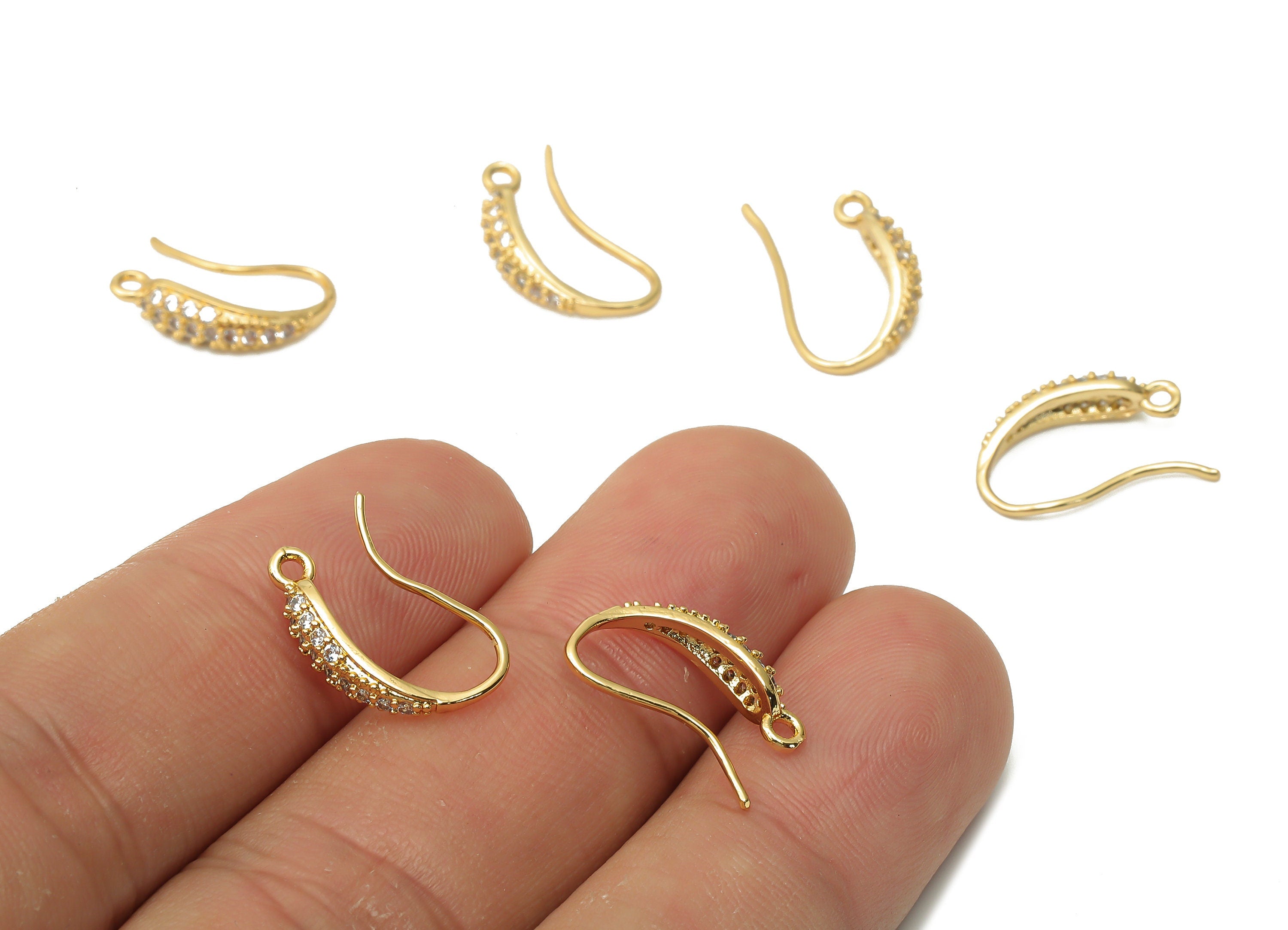 Brass Earrings Wires With Zircon - Gold Plated Ear Wire - Earrings Hook With Loop - 18K Real Gold Plated - 15.94x10.87x2.3mm - RGP4804 - DOMEDBAZAAR