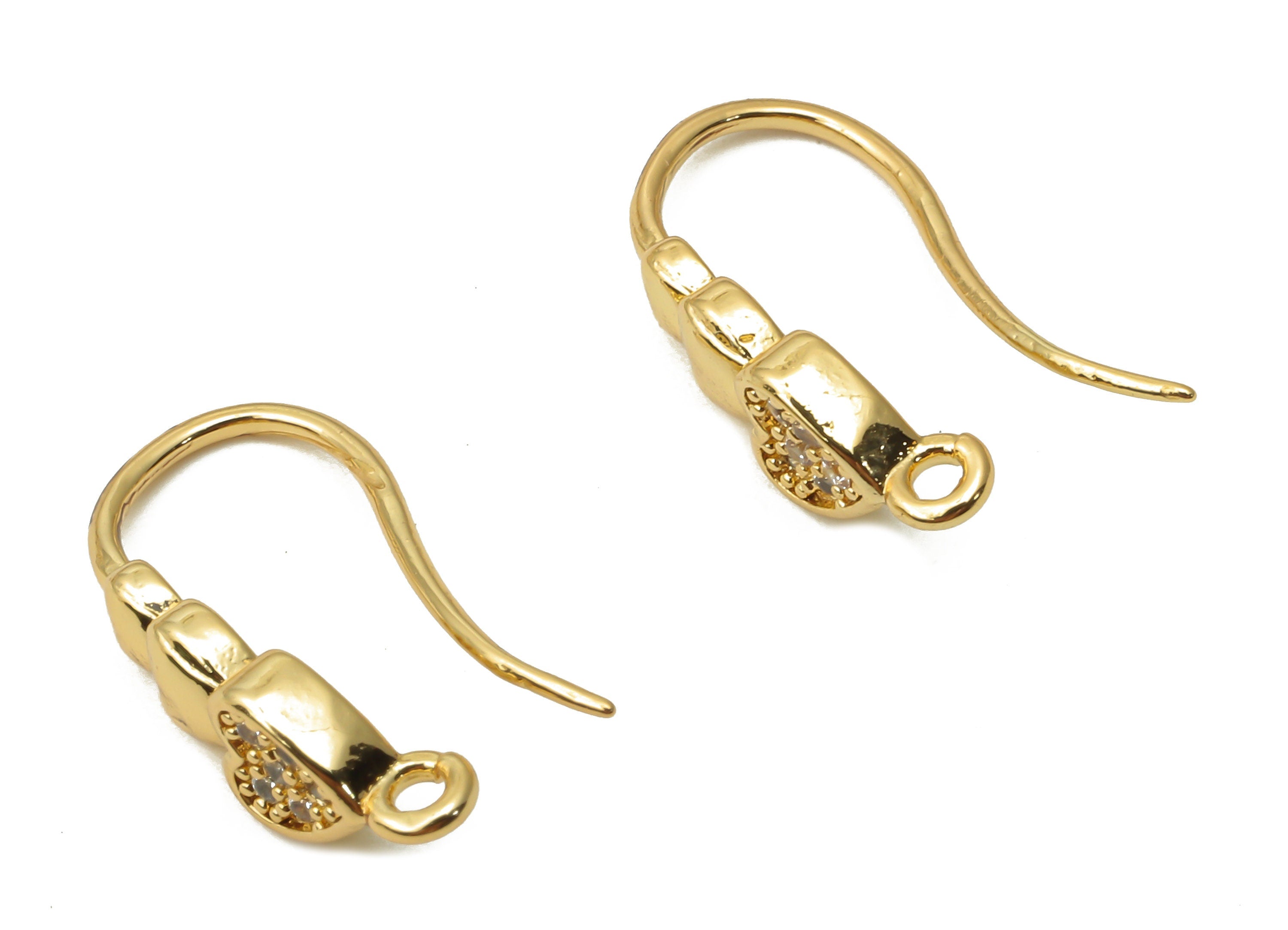 Brass Earrings Wires With Zircon - Brass Heart Ear Wires - Earrings Hook With Loop - 18K Real Gold Plated Brass - 18.54x9.2x1.7mm - RGP4807 - DOMEDBAZAAR