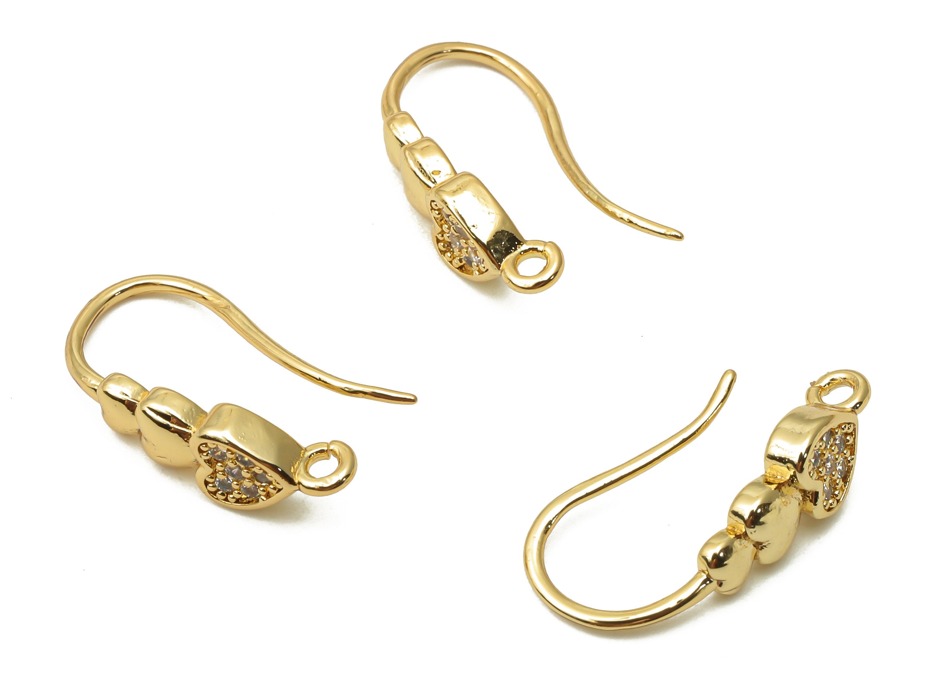 Brass Earrings Wires With Zircon - Brass Heart Ear Wires - Earrings Hook With Loop - 18K Real Gold Plated Brass - 18.54x9.2x1.7mm - RGP4807 - DOMEDBAZAAR