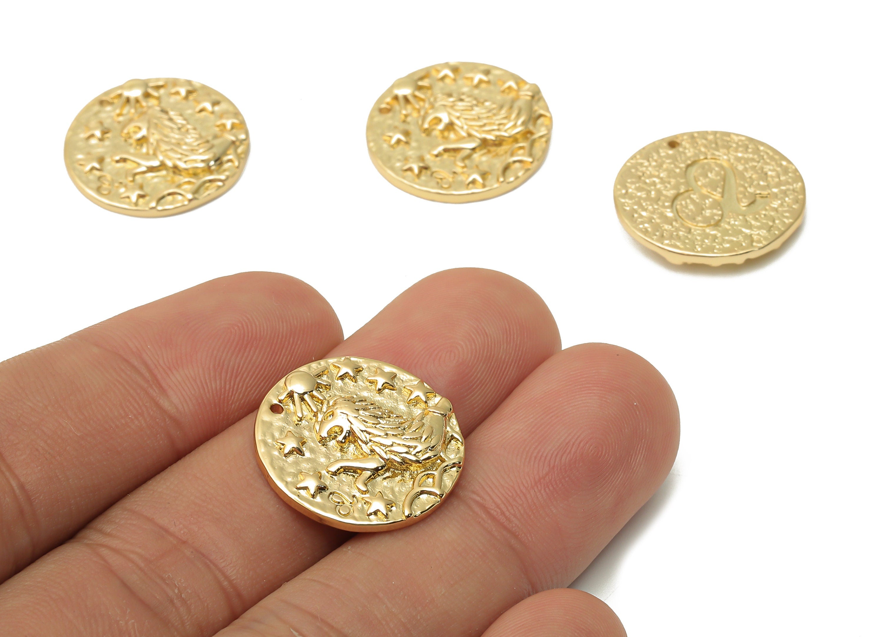 Leo Round Charm - Brass Round Horoscopes Pendant - Lion Pendant - Zodiac Necklace - 18K Real Gold Plated - 19.4x19.4x3mm - RGP4783G - DOMEDBAZAAR