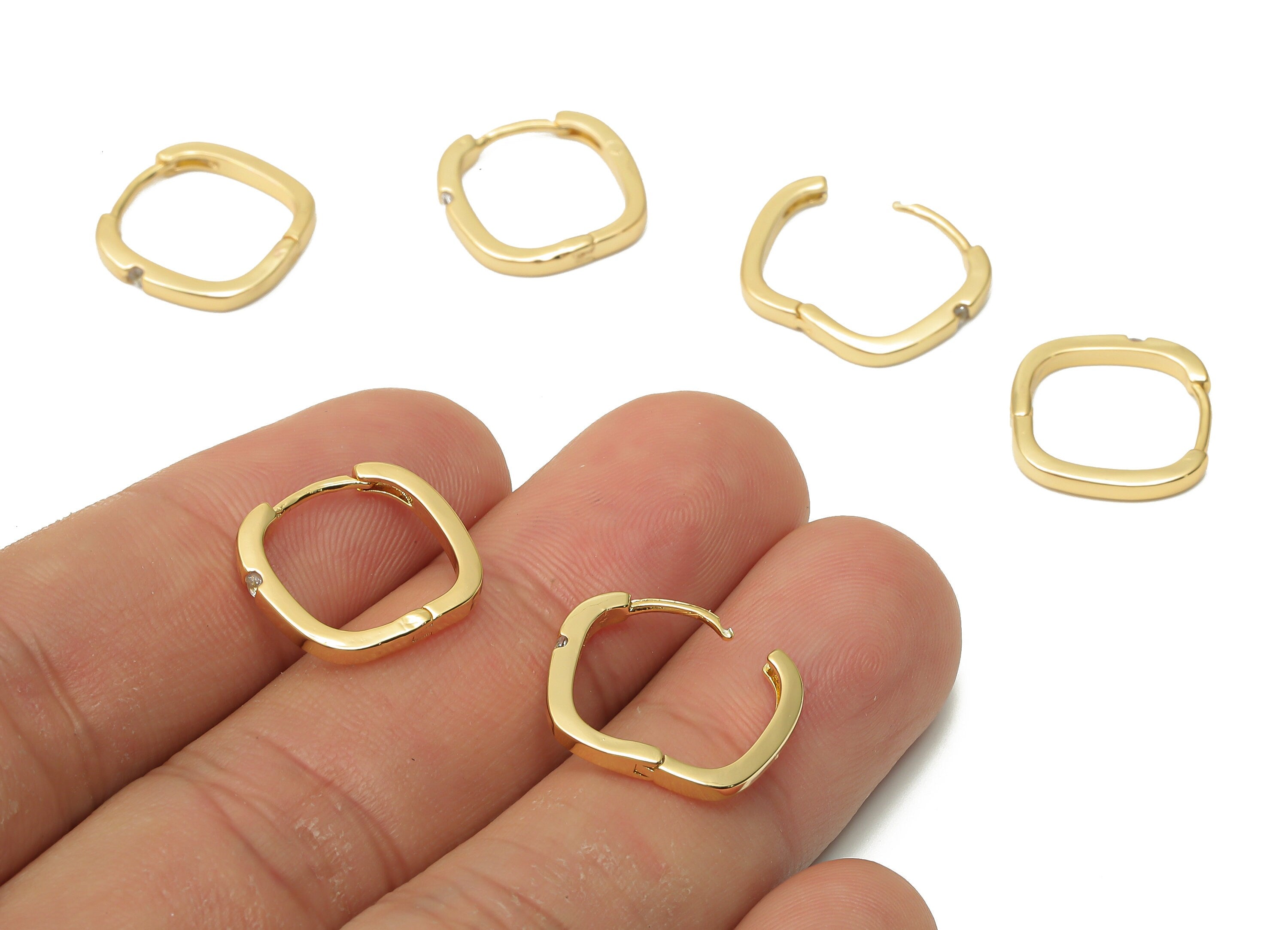 Brass Oval Square Earrings Clasps - Brass Square Huggie Hoop - Zircon Clasps Hoop - 18K Real Gold Plated - 14.84x14.33x1.38mm- RGP4815 - DOMEDBAZAAR