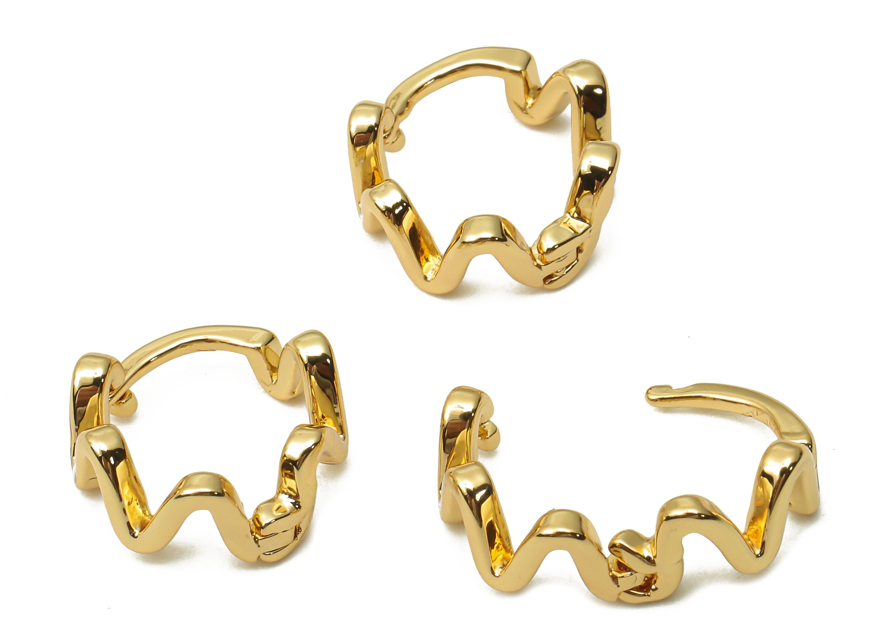 Brass Wave Earrings Clasps - Huggie Hoop Earrings - Brass Ear Wave Clasps - 18K Real Gold Plated Brass - 13.16x10.74x0.43mm - RGP4820 - DOMEDBAZAAR