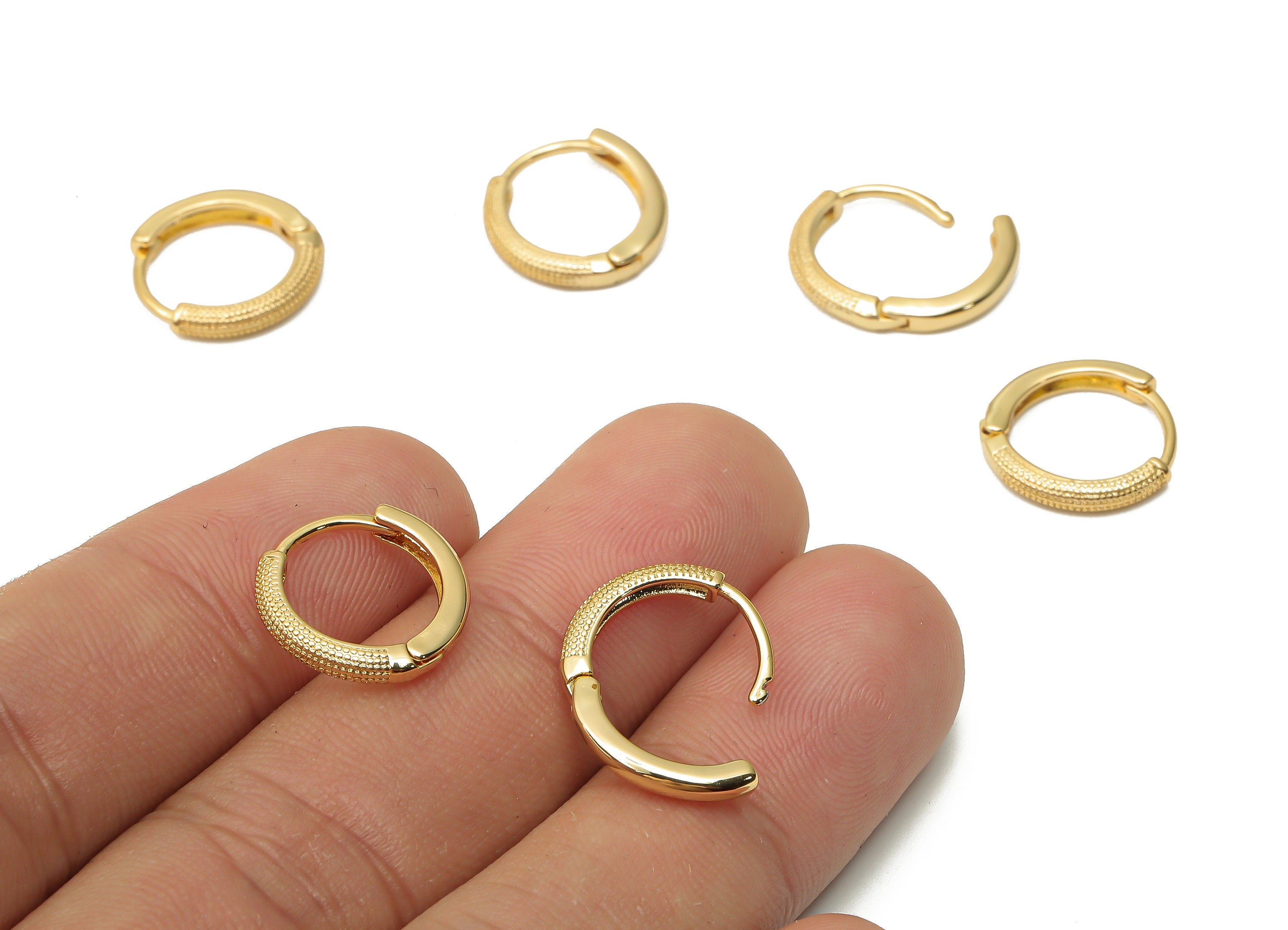 Brass Circle Spot Earrings Clasps - Huggie Hoop Earrings - Round Textured Hoop Clasps - 18K Real Gold Plated - 14.12x14.12x1.82mm - RGP4827 - DOMEDBAZAAR