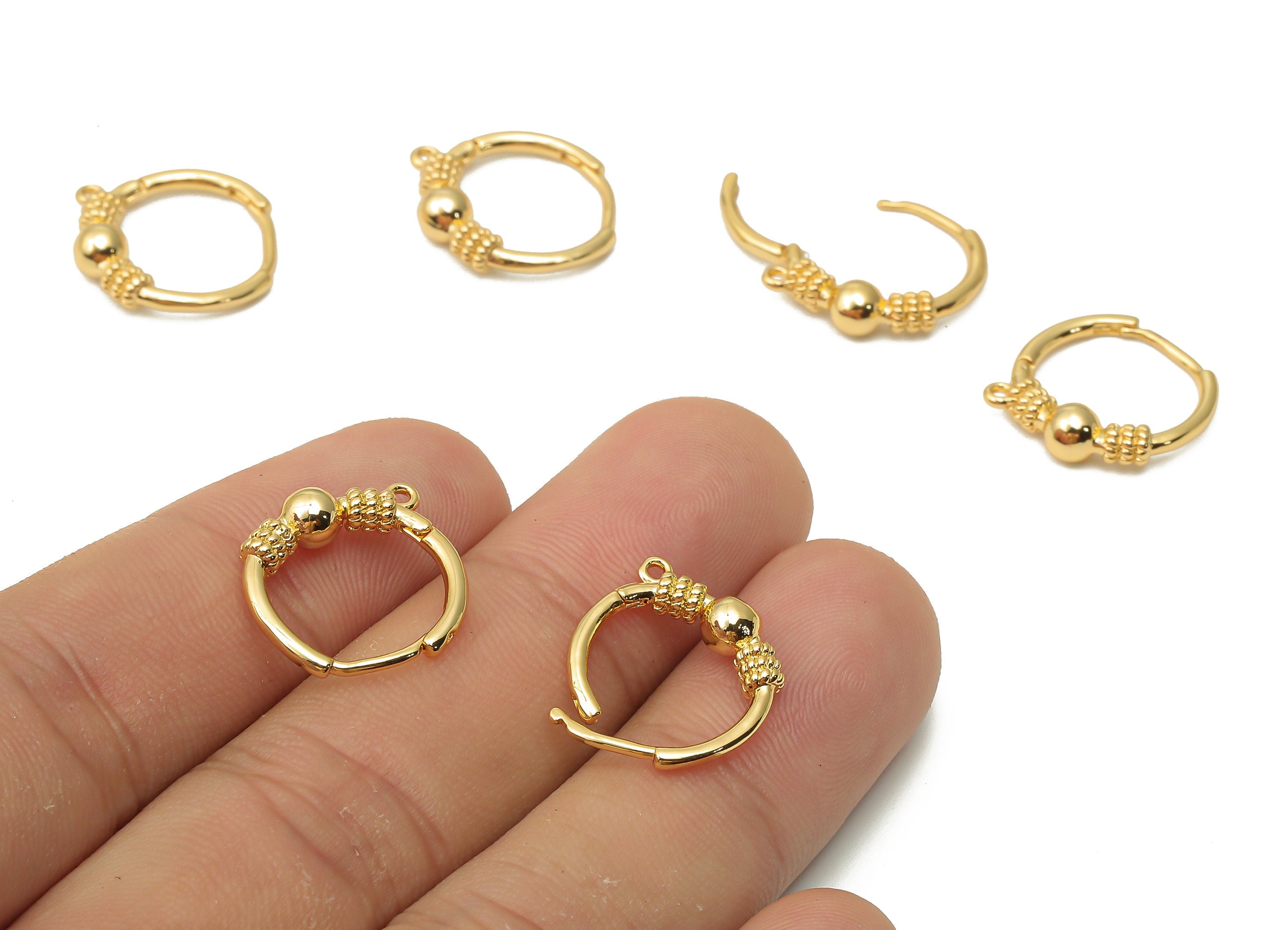 Brass Clasps Earrings - Brass Textured Huggie Hoop With Loop - Brass Ball Earrings - 18K Real Gold Plated Brass - 17.15x16.1x4.2mm - RGP4828 - DOMEDBAZAAR