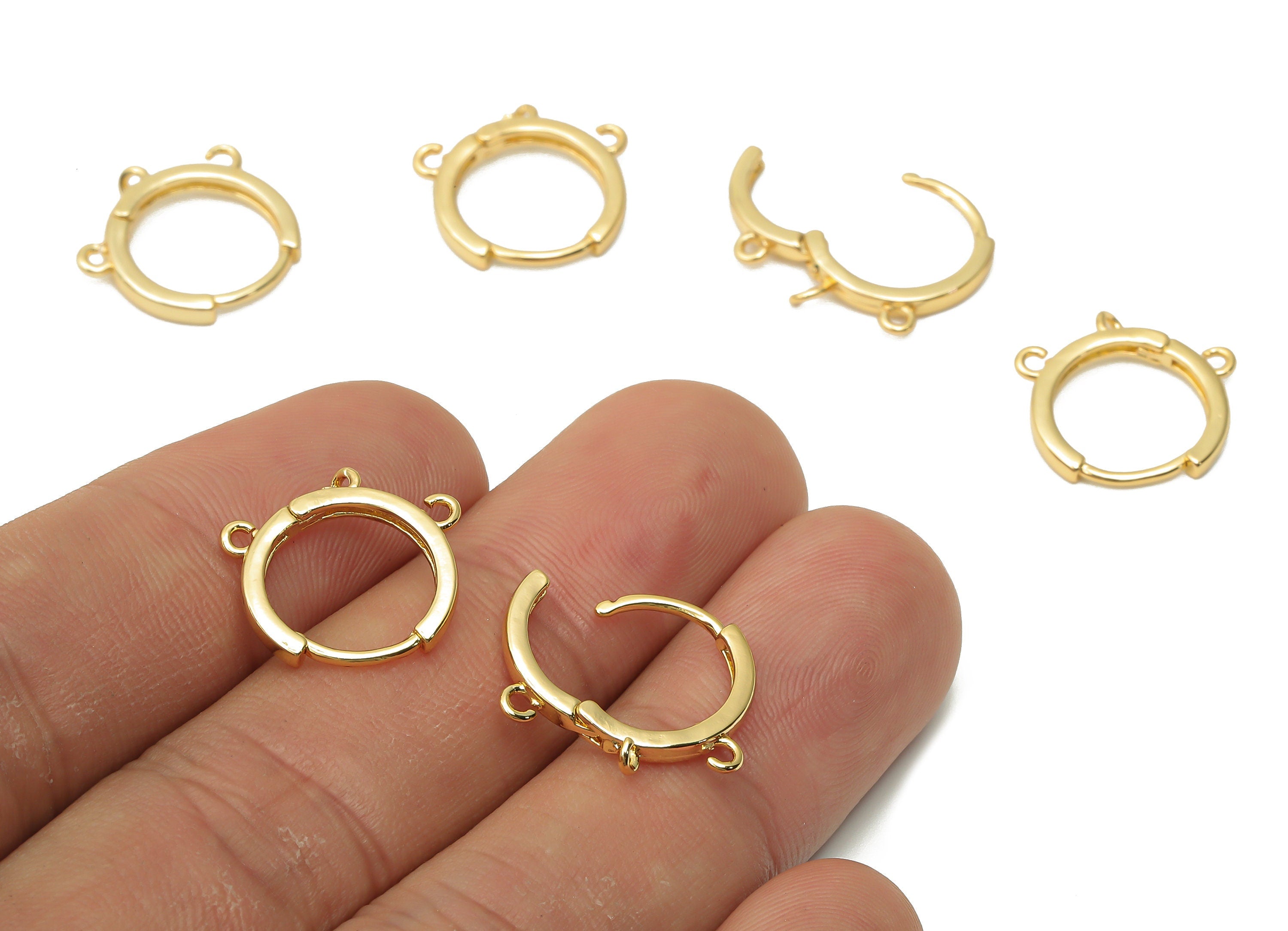 Brass Round Huggie Hoops Earrings - Clasps With 3 Loop - Earring Clasp Hoop Connector- 18K Real Gold Plated - 15.67x15.3x2.21mm - RGP4852 - DOMEDBAZAAR