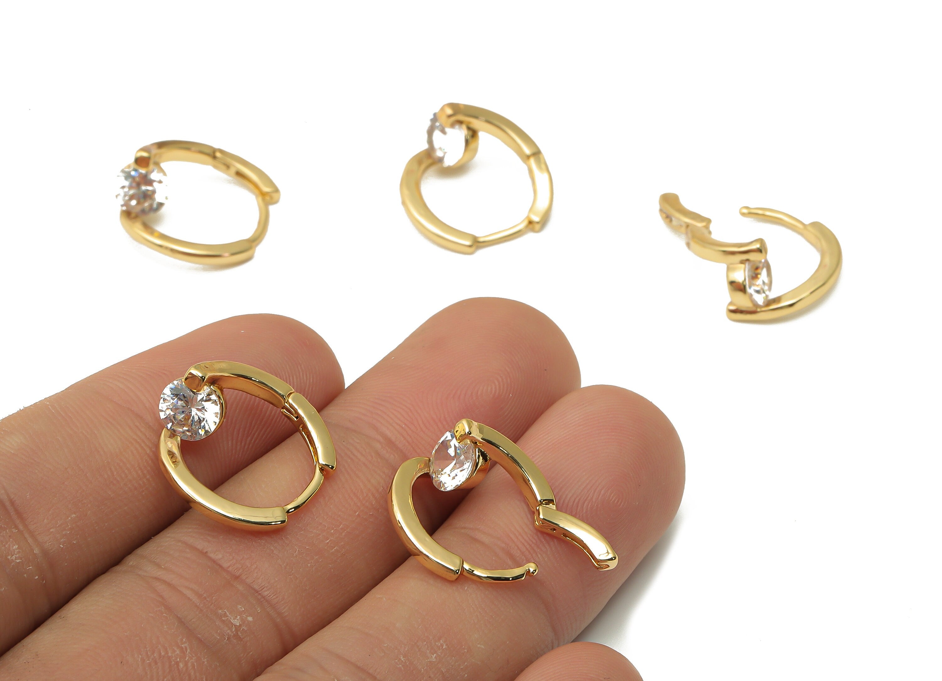 Brass Round Solitaire Ring Hoop Huggie Earring - Brass Solitaire Earring With Zircon - 18K Real Gold Plated - 16.82x15.61x1.78mm - RGP4858 - DOMEDBAZAAR