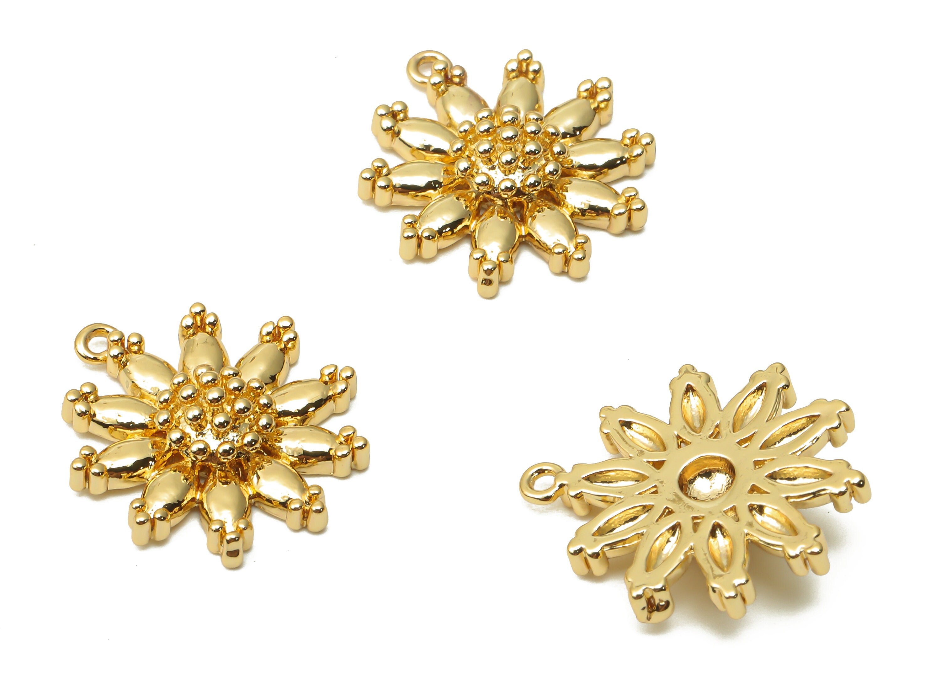 Brass Daisy Flower Charms - Brass Sunflower Earring Charms - 18K Real Gold Plated Brass - 19.85x16.93x4.25mm - RGP4860 - DOMEDBAZAAR
