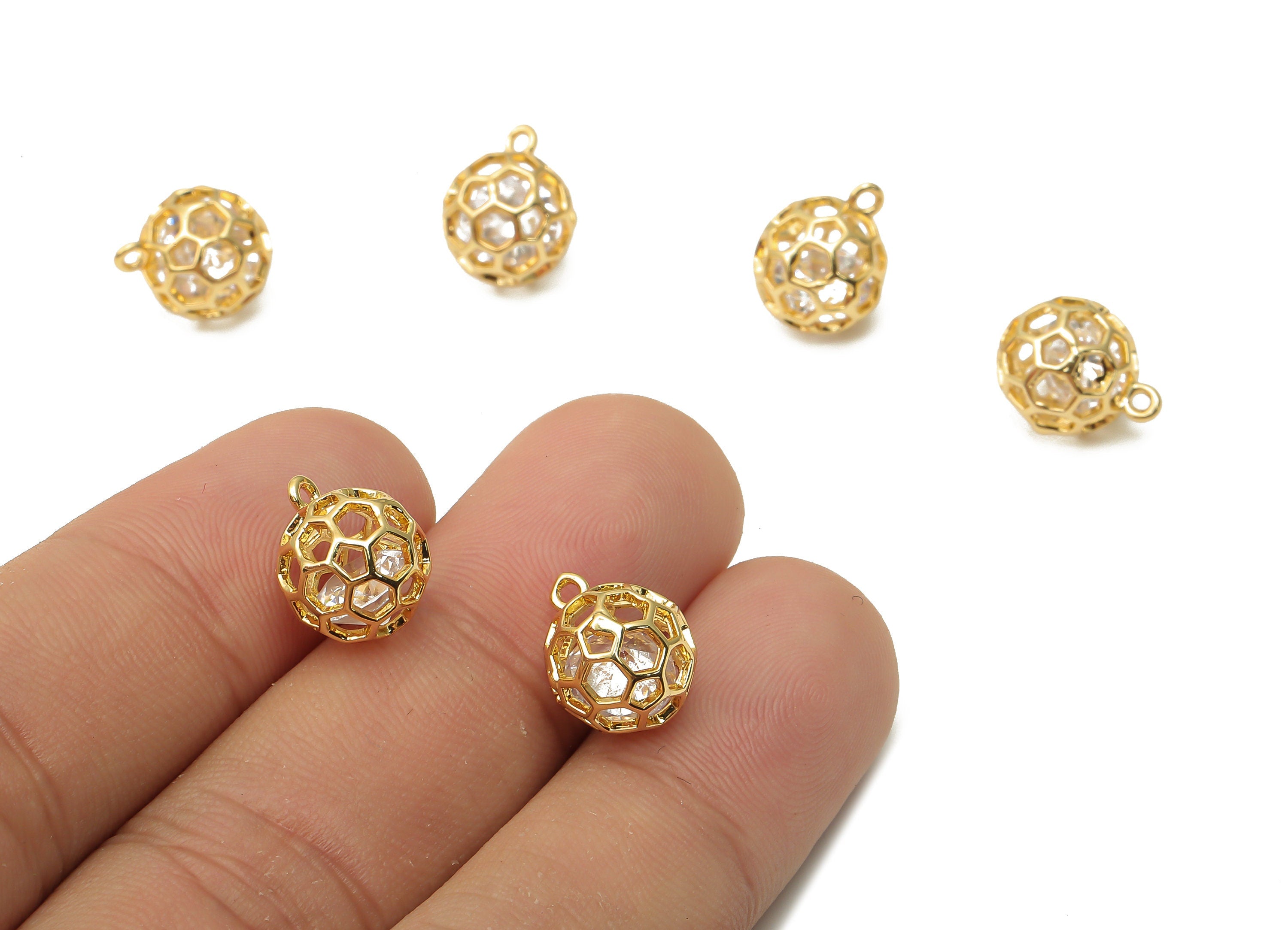 Brass Mini Round Ball Bracelet Charms with Zircon - Brass Hexagons Pendant - 18K Real Gold Plated Brass - 12.46x9.8x9.8mm -RGP4862 - DOMEDBAZAAR