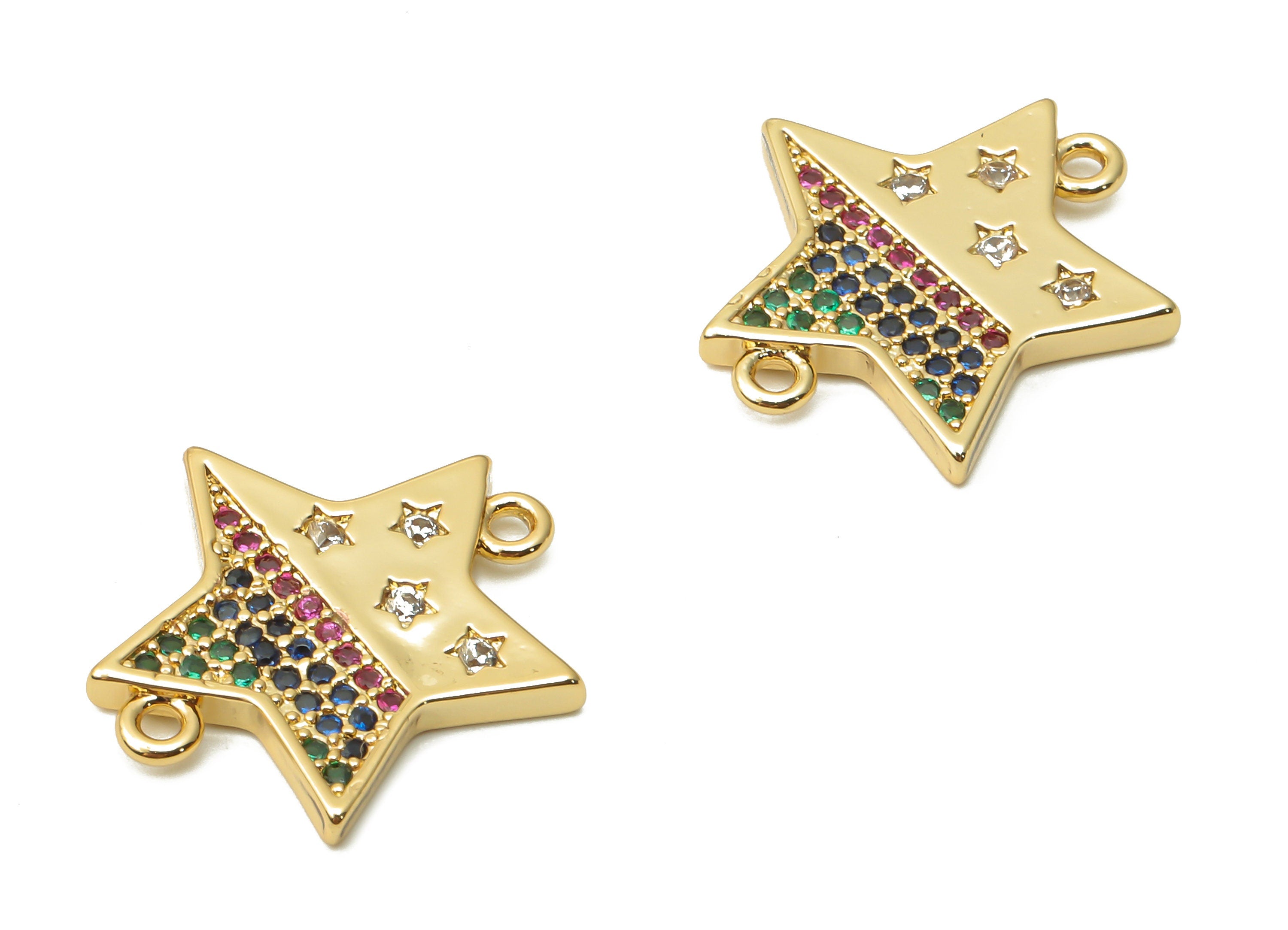 Brass Rainbow Star Earring Connectors with Zircons - Brass Star Connectors - 18K Real Gold Plated - 17.14x17.44x1.78mm - RGP4863 - DOMEDBAZAAR