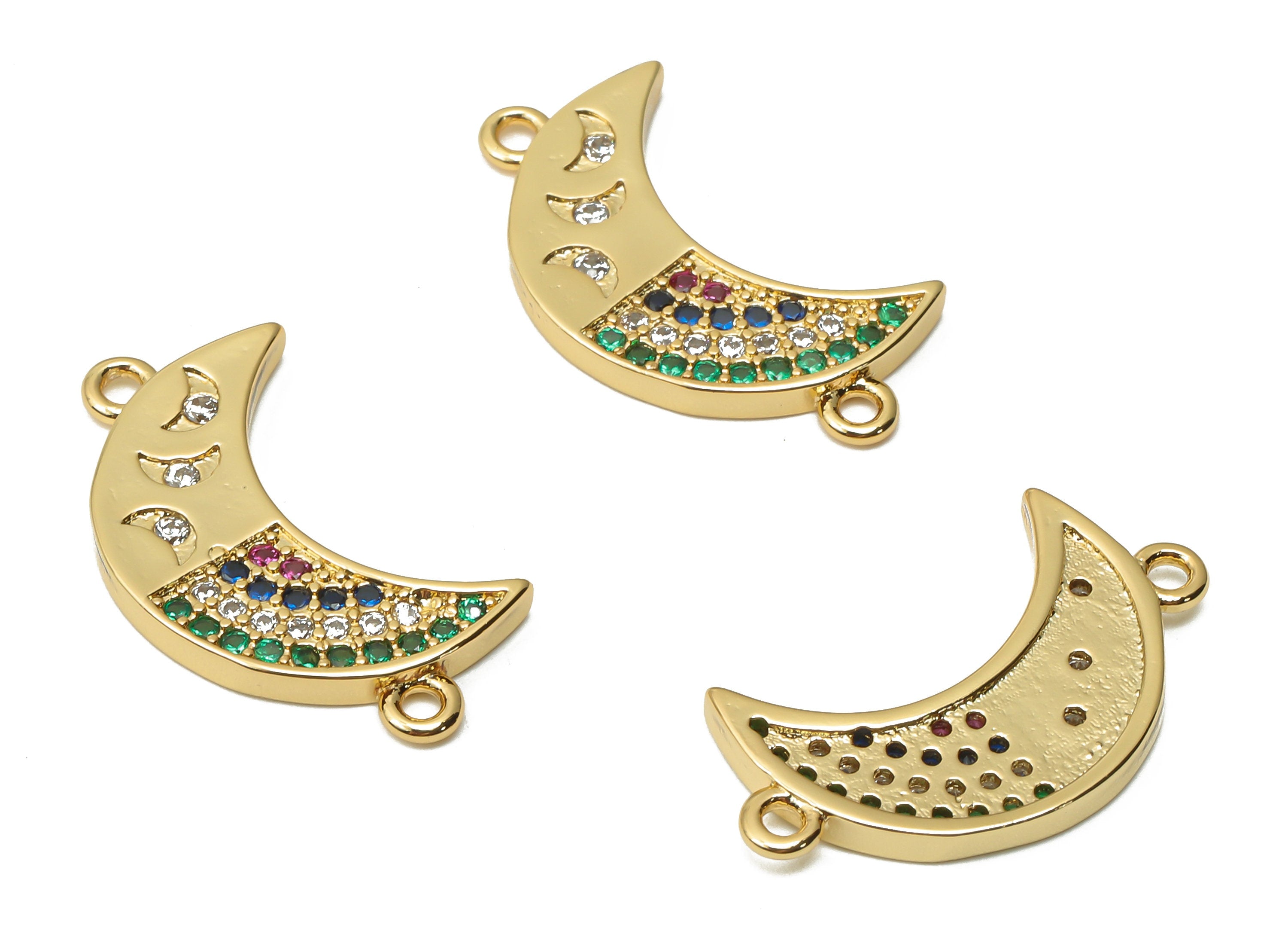 Brass Crescent Earrings Connectors with Zircon - Brass Moon Earring Connectors - 18K Real Gold Plated Brass - 22.25x12.8x1.8mm - RGP4869 - DOMEDBAZAAR