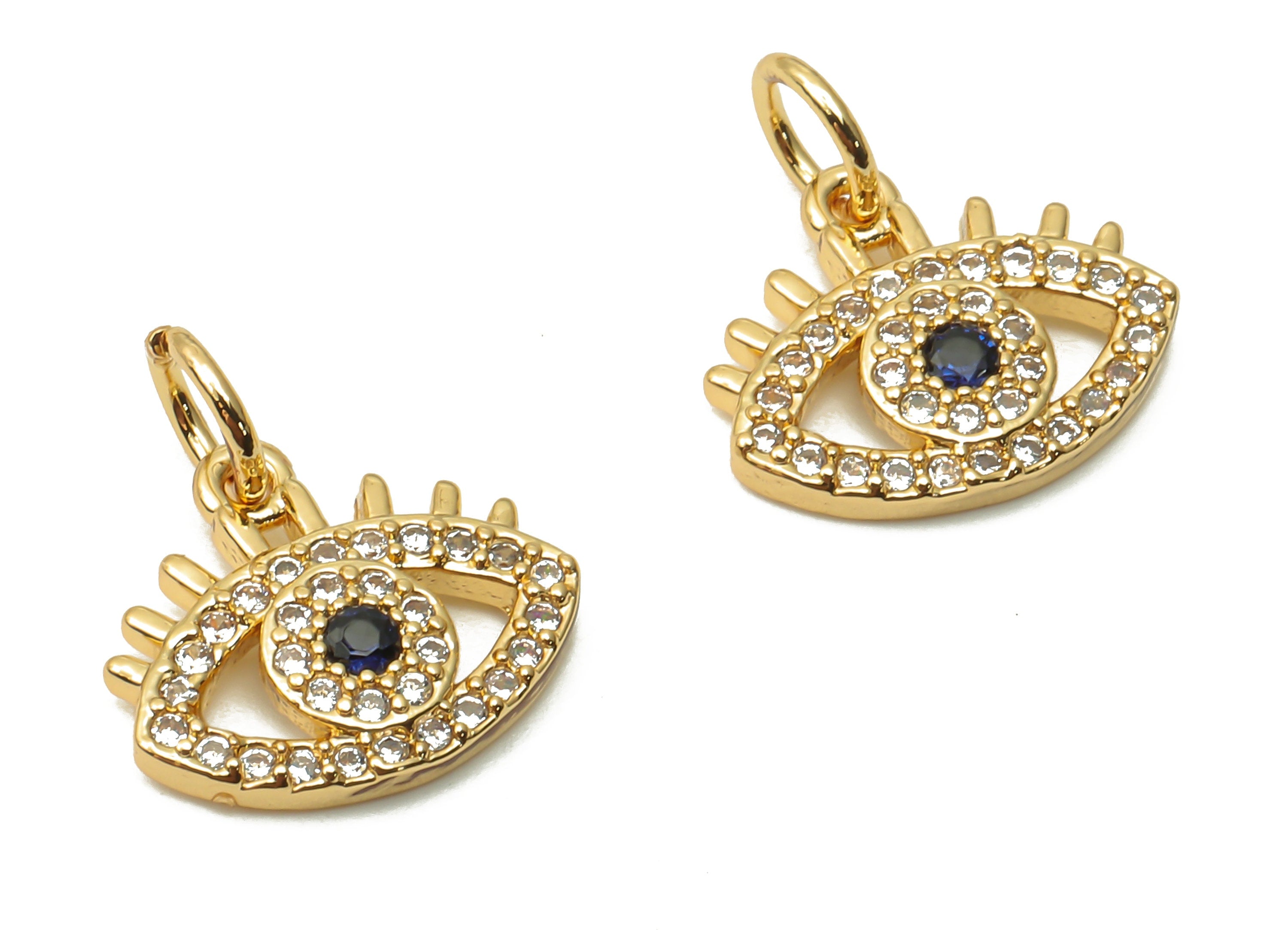 Brass Eyelash Earring Charms - Brass Eye Pendant with Black Zircon - Eye Earrings - 18K Real Gold Plated -13.66x12.11x1.56mm - RGP4872 - DOMEDBAZAAR