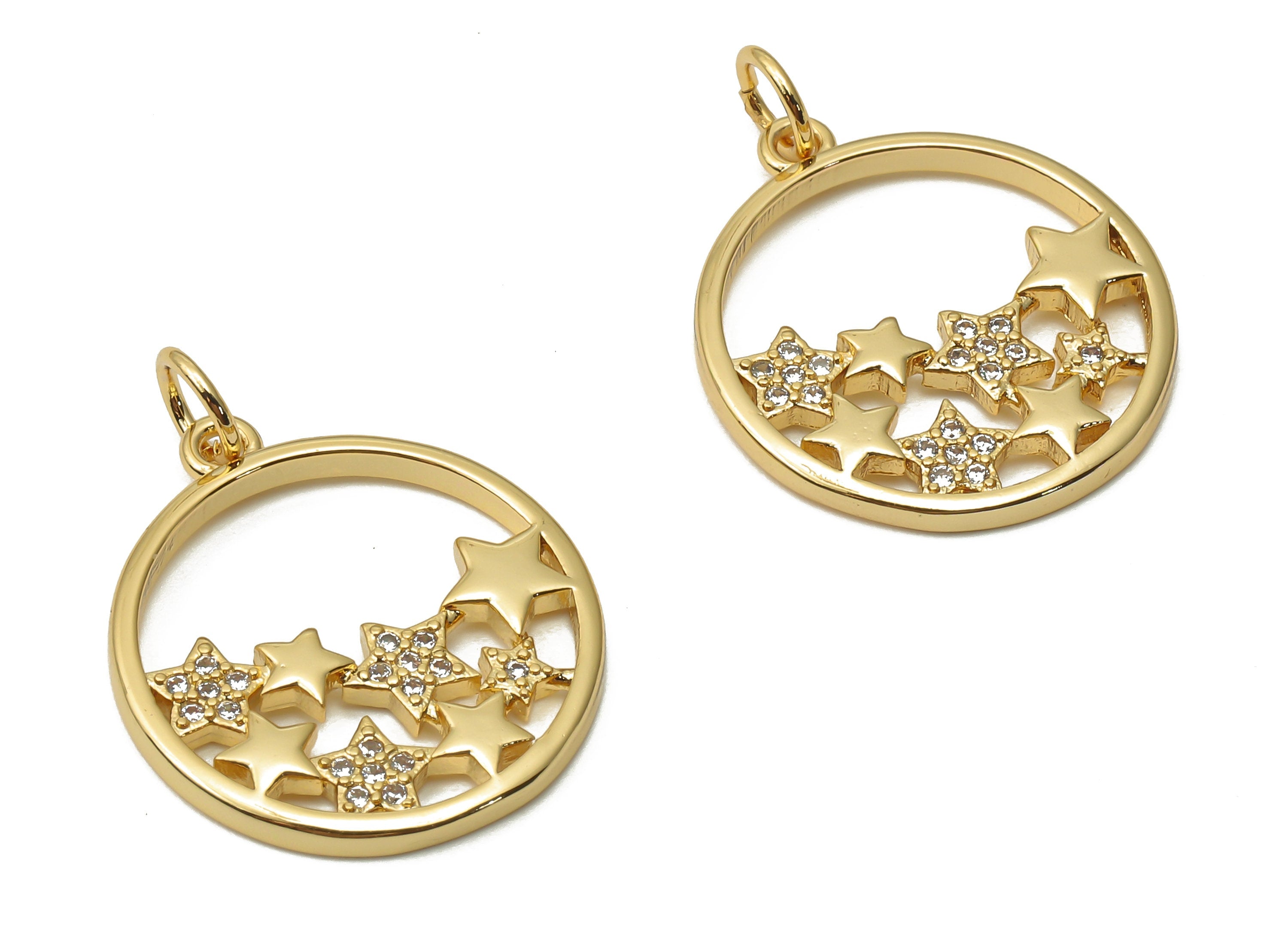 Brass Circle Earrings with Zircons - Brass Star Pendant - Brass Circle Star Necklace - 18K Real Gold Plated - 20.85x18.5x2.03mm - RGP4873 - DOMEDBAZAAR