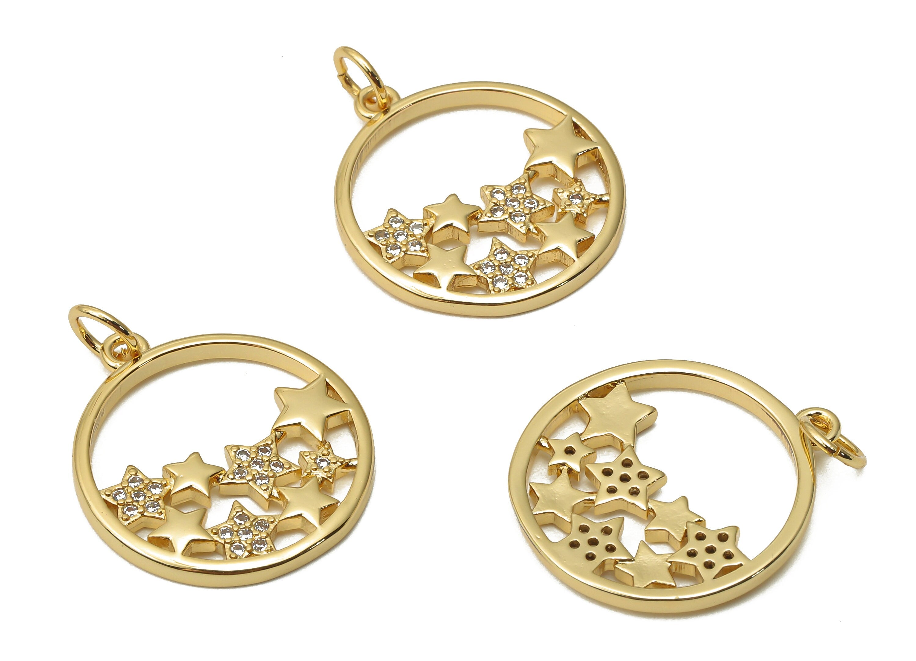 Brass Circle Earrings with Zircons - Brass Star Pendant - Brass Circle Star Necklace - 18K Real Gold Plated - 20.85x18.5x2.03mm - RGP4873 - DOMEDBAZAAR