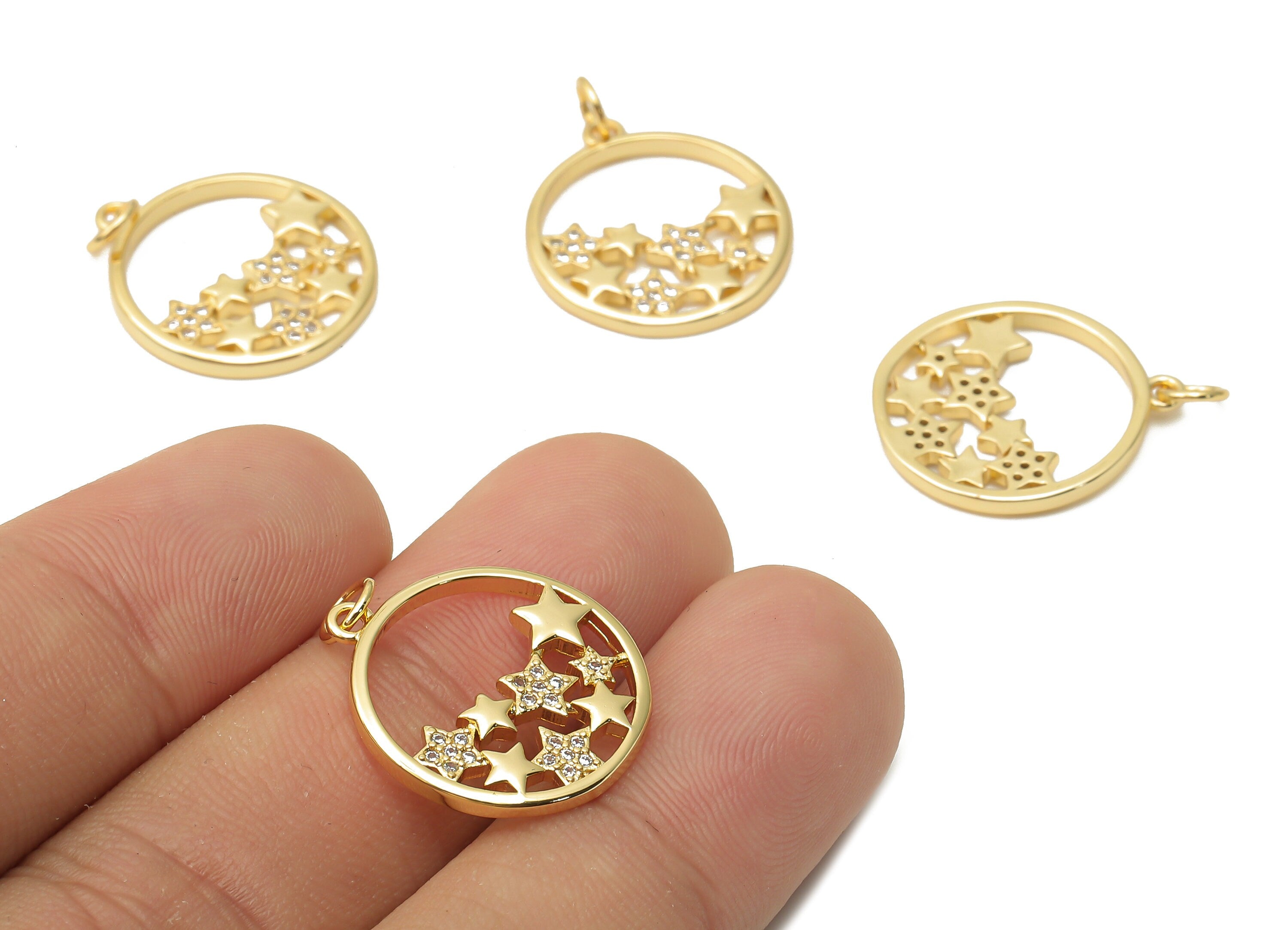 Brass Circle Earrings with Zircons - Brass Star Pendant - Brass Circle Star Necklace - 18K Real Gold Plated - 20.85x18.5x2.03mm - RGP4873 - DOMEDBAZAAR