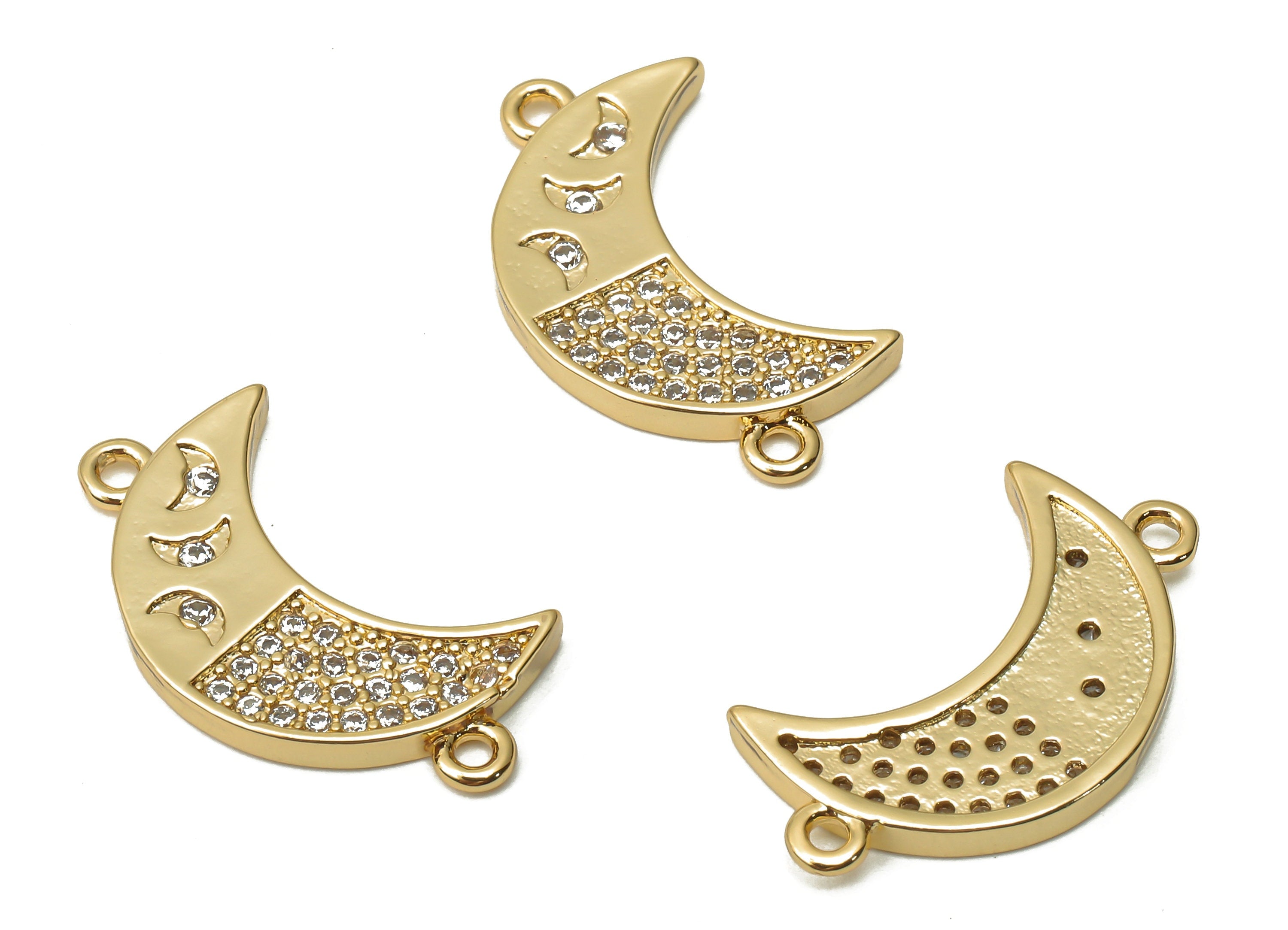 Brass Crescent Earrings Connectors with Zircon - Brass Moon Earring Connectors - 18K Real Gold Plated Brass - 22.33x12.7x1.78mm - RGP4877 - DOMEDBAZAAR