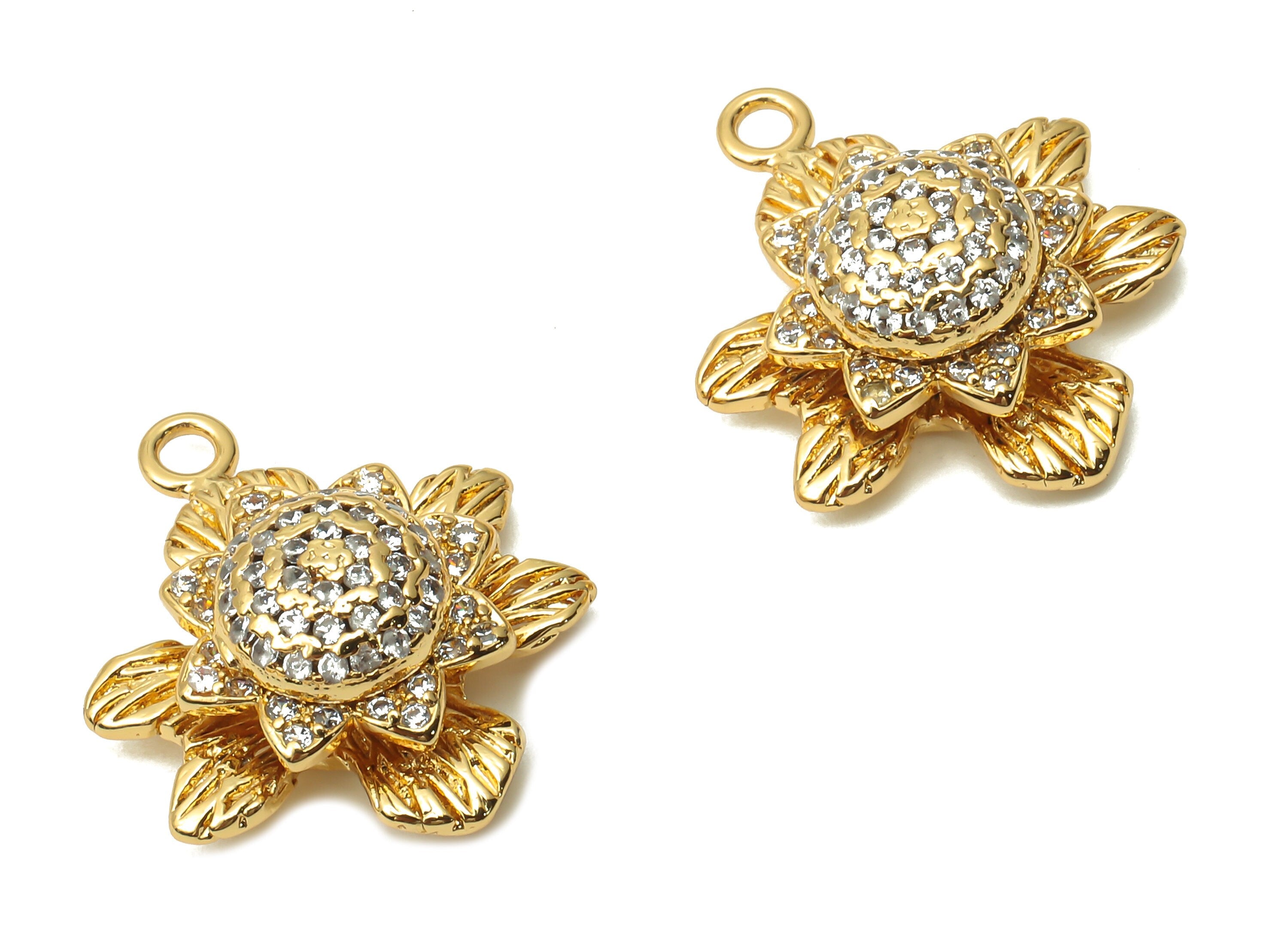 Brass Botanic Earrings With Zircon - Brass Botanic Pendant - Brass Flower Pendant - 18K Real Gold Plated - 20.93x17.45x7.47mm - RGP4890 - DOMEDBAZAAR