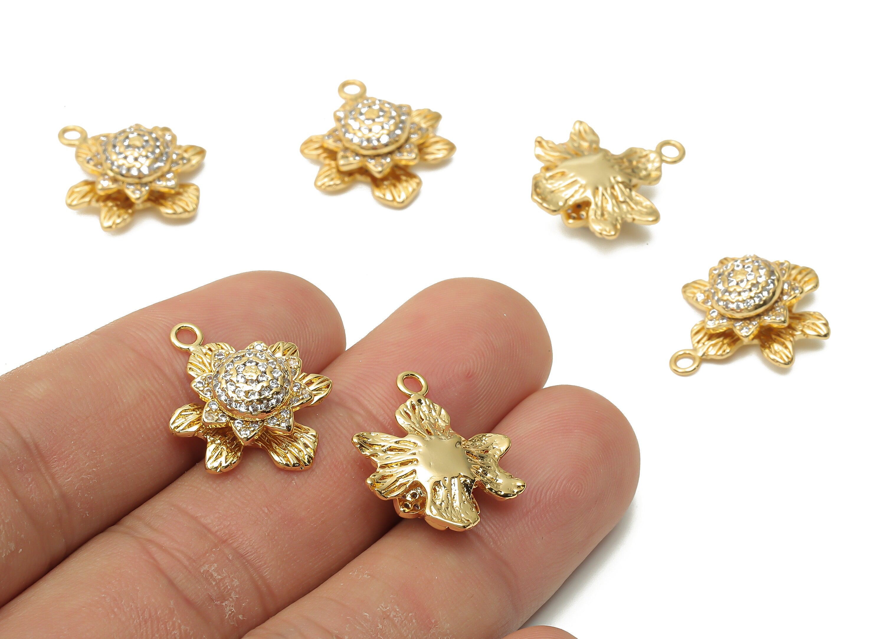 Brass Botanic Earrings With Zircon - Brass Botanic Pendant - Brass Flower Pendant - 18K Real Gold Plated - 20.93x17.45x7.47mm - RGP4890 - DOMEDBAZAAR