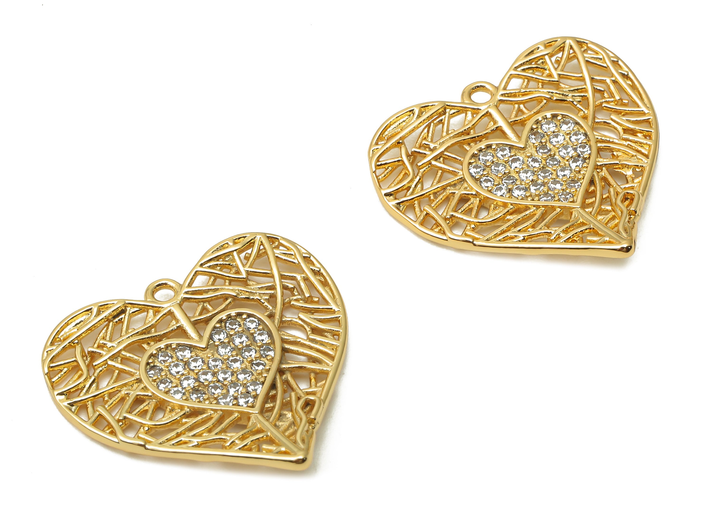 Brass Web Heart Earring With Zircon - Brass Double Heart Charm - Brass Heart Earring - 18K Real Gold Plated - 22.31x21.3x1.82mm -RGP4891 - DOMEDBAZAAR