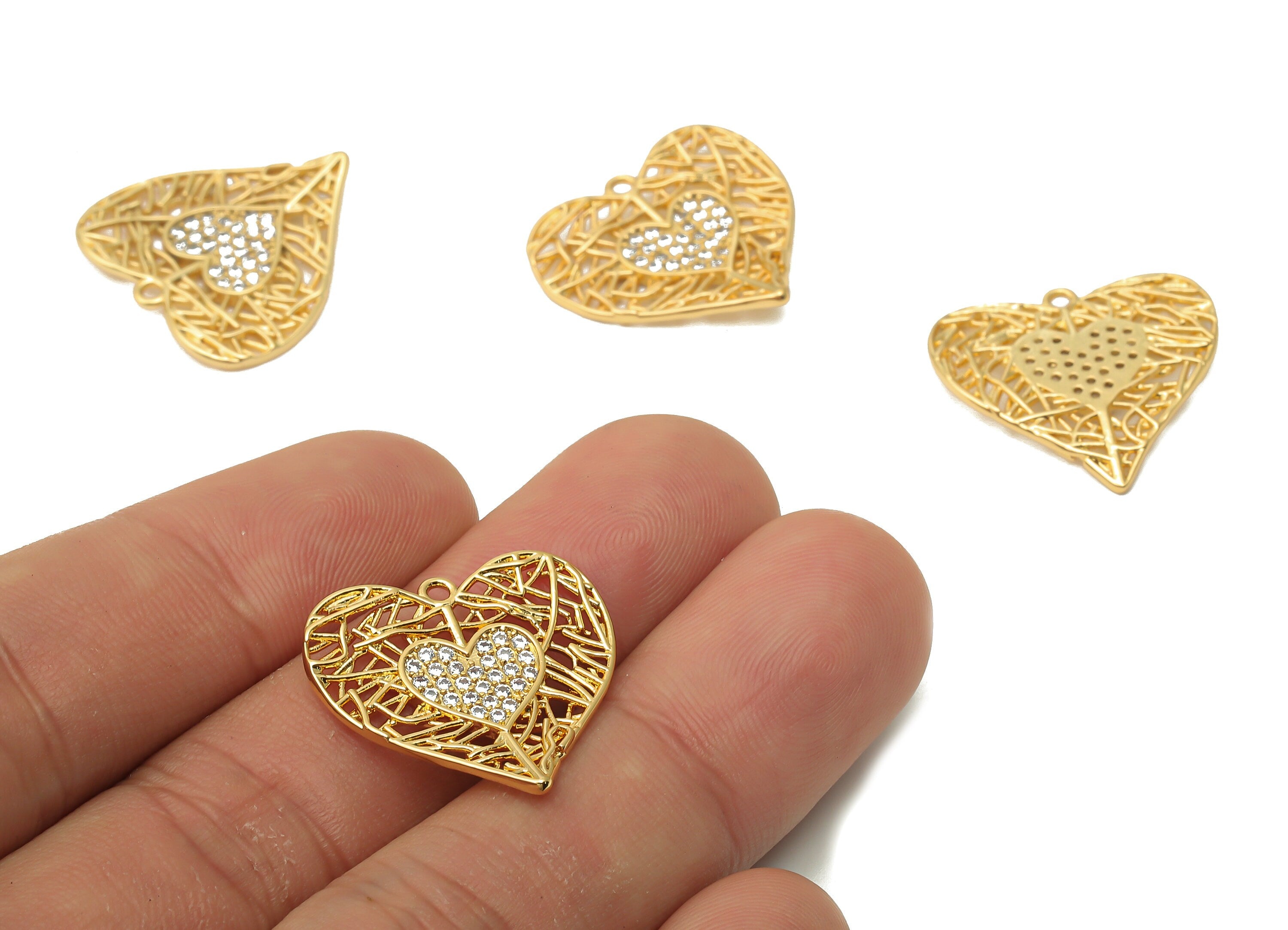 Brass Web Heart Earring With Zircon - Brass Double Heart Charm - Brass Heart Earring - 18K Real Gold Plated - 22.31x21.3x1.82mm -RGP4891 - DOMEDBAZAAR