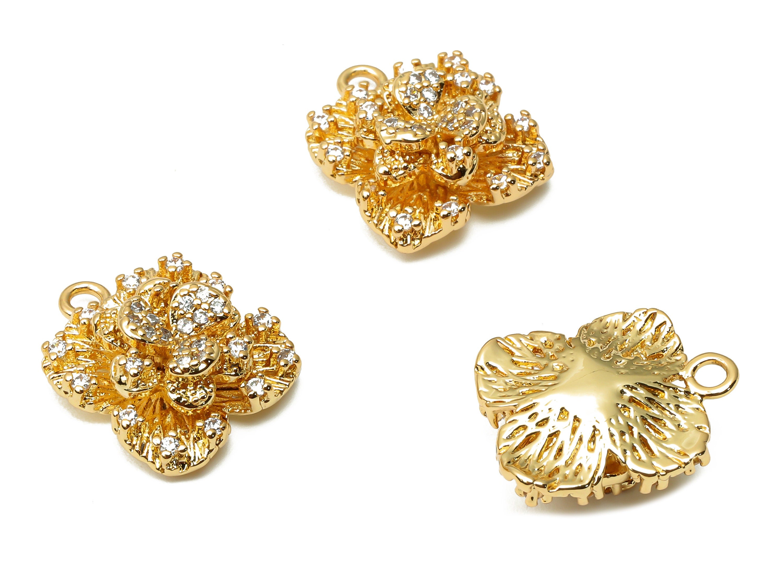Brass Flower Earrings With Zircon - Brass Lotus Charms - Brass Waterlily Earring Charm - 18K Real Gold Plated - 16.82x 13.8x 5.47mm -RGP4893 - DOMEDBAZAAR