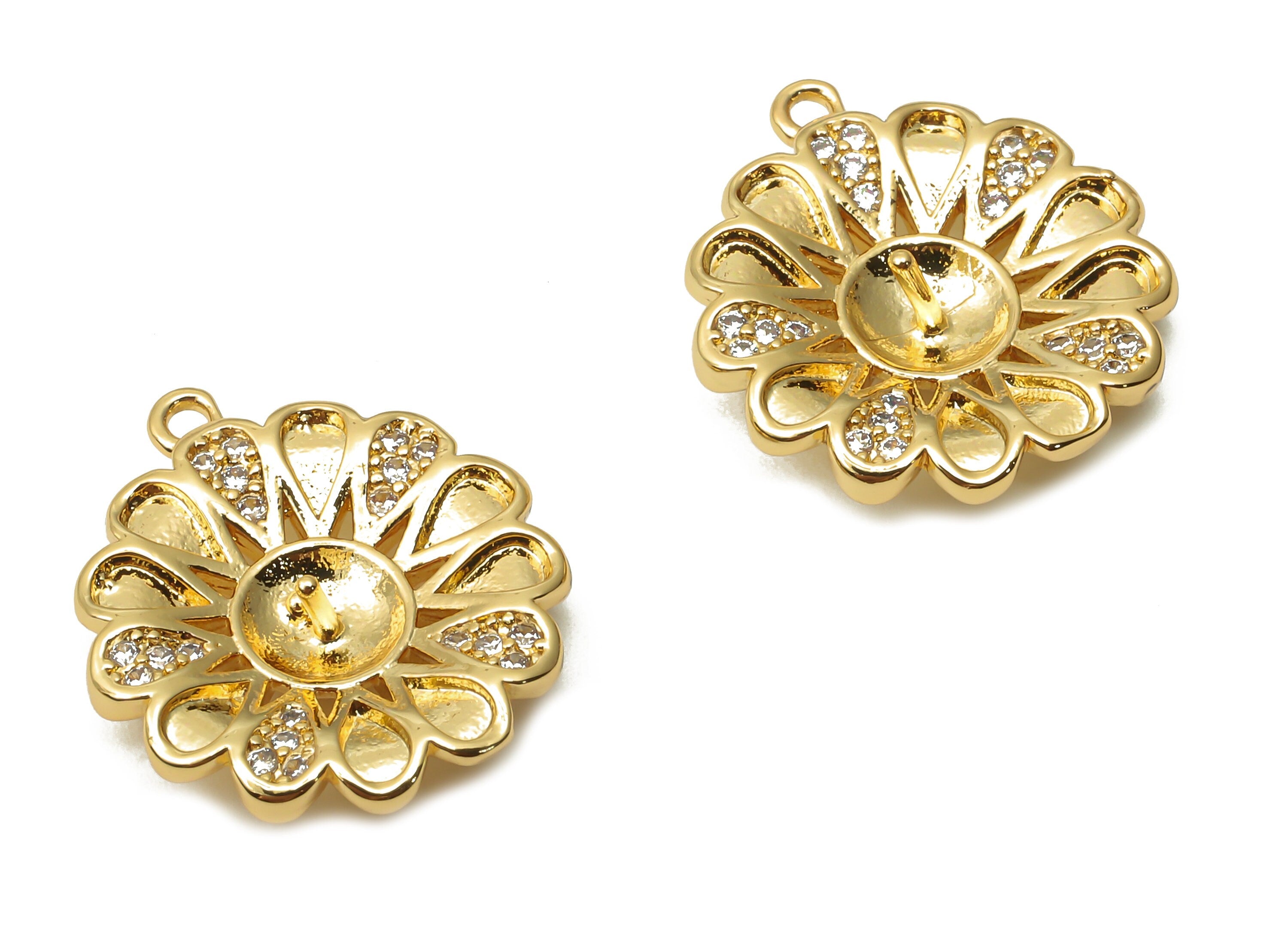 Brass Flower Earrings Charm With Zircon - Brass Botanical Pendant - Brass For Pearl - 18K Real Gold Plated - 18.64x 16.7x 1.63mm -RGP4896 - DOMEDBAZAAR
