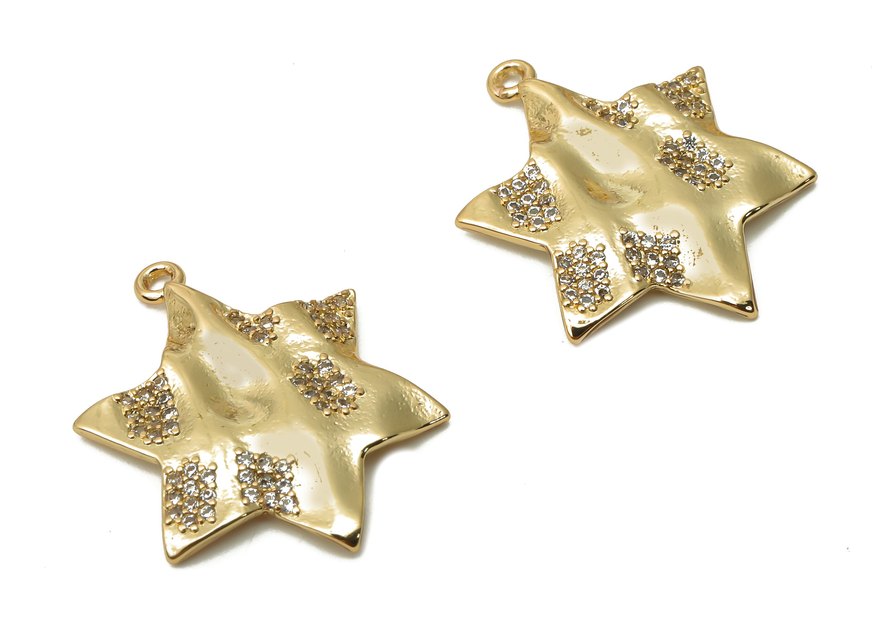 Brass Star Wavy Earring Charm With Zircon - Magen Star of David Pendant - Star Necklace- 18K Real Gold Plated - 21.65x17.11x1.7mm - RGP4905 - DOMEDBAZAAR
