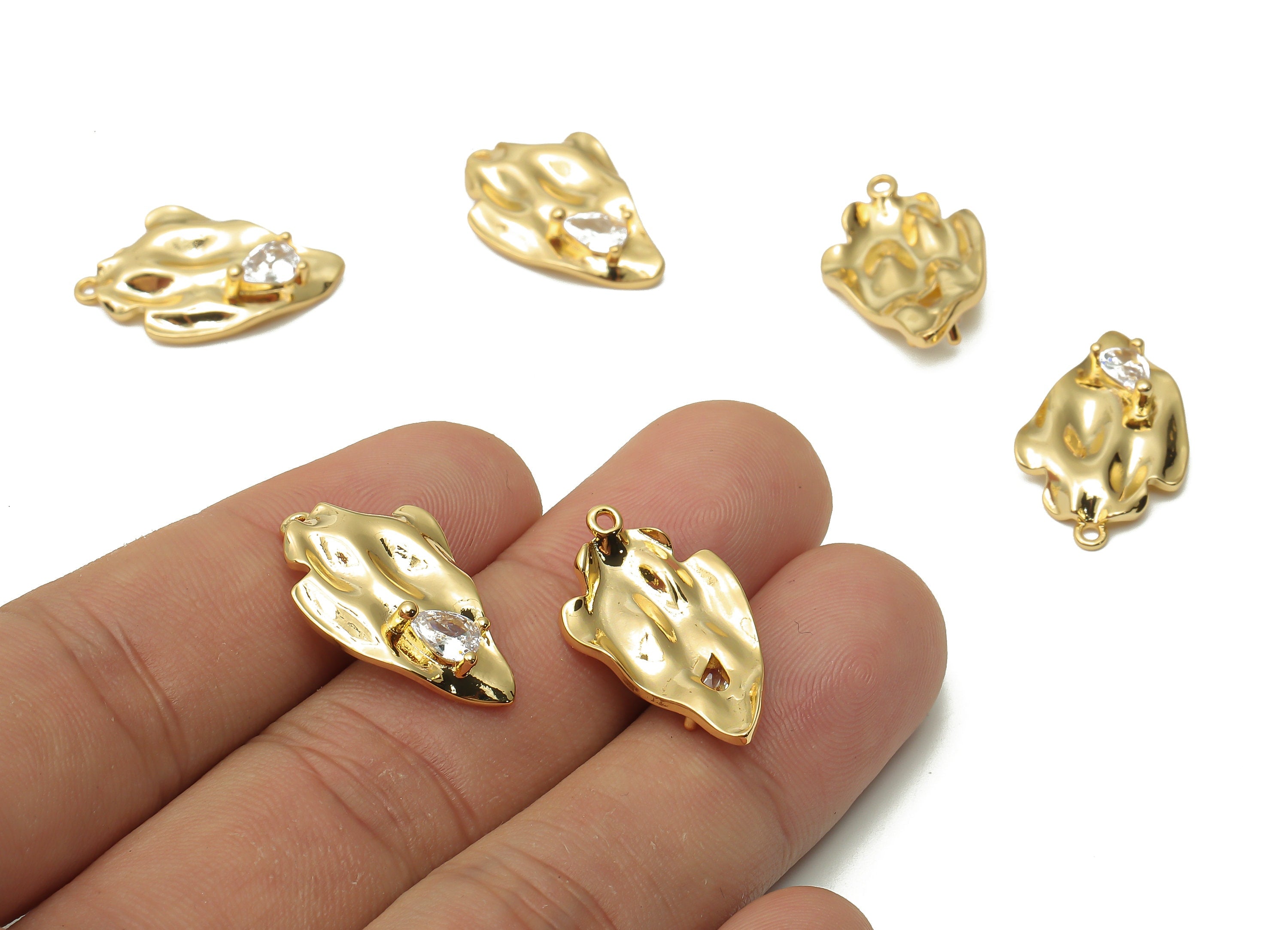 Brass Irregular Earring Charms - Brass Textured Earring With Zircon - For Necklace - 18K Real Gold Plated Pendant -23.7x14.23x2.13mm-RGP4907 - DOMEDBAZAAR