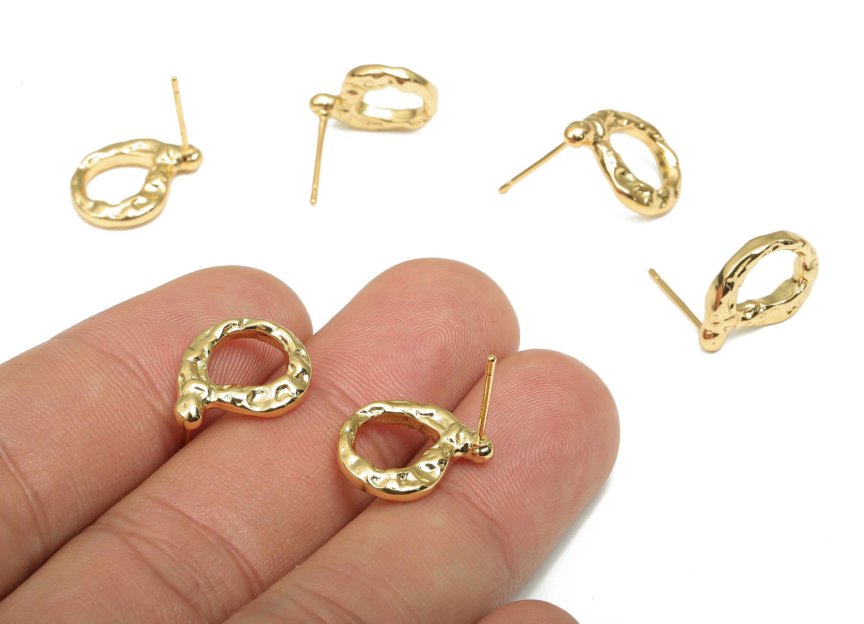Brass Textured Earring Studs - 18K Real Gold Plated Brass Posts - Imitation Silver Stud - Geometric Stud Earring - 15.7x12.2x2.3mm - RGP4543 - DOMEDBAZAAR