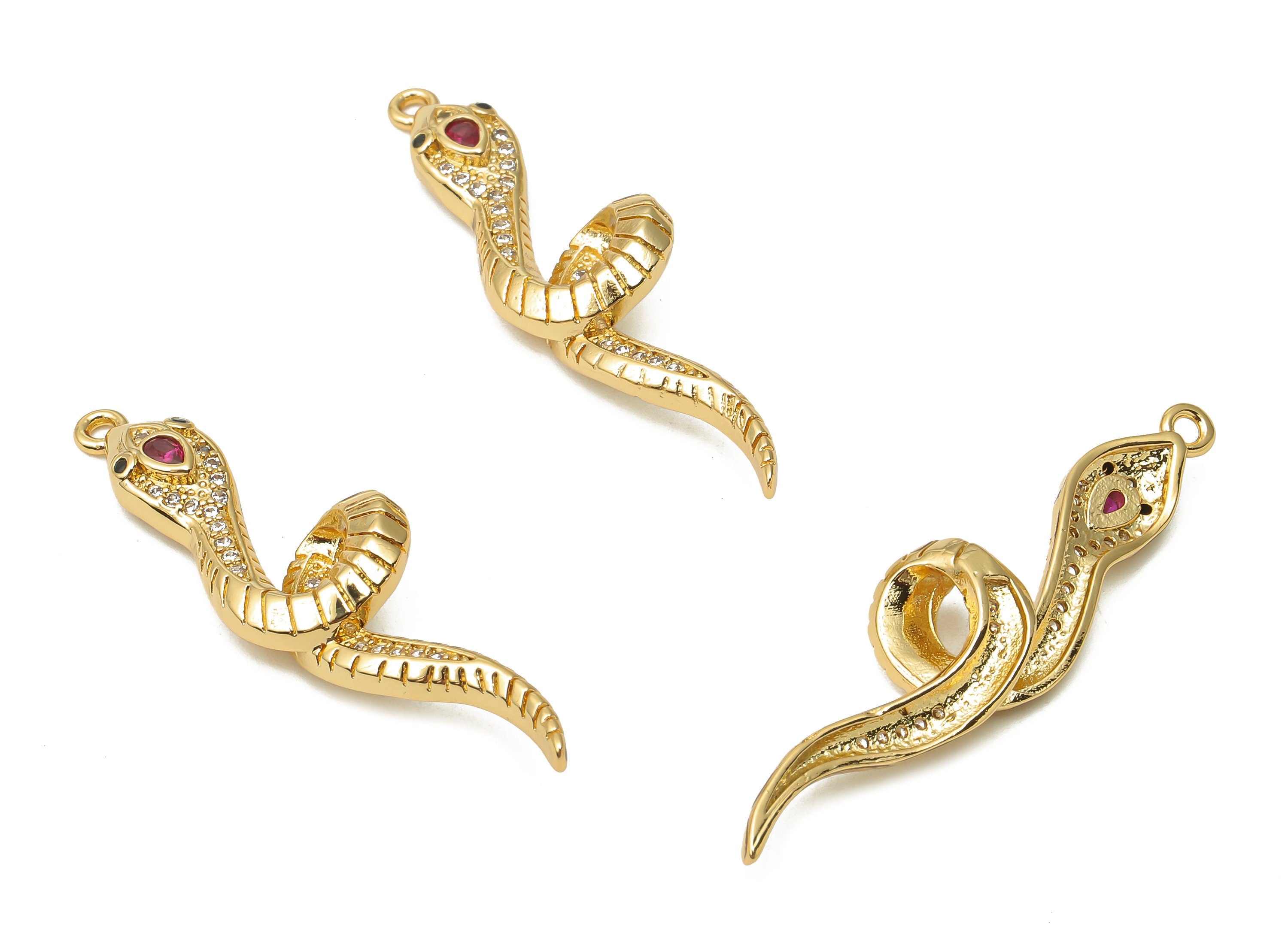 Brass Snake Pendant - Brass Snake Textured Necklace with Zircons - Snake Charm - 18K Real Gold Plated - 39.2x11.08x2.04mm - RGP4912 - DOMEDBAZAAR