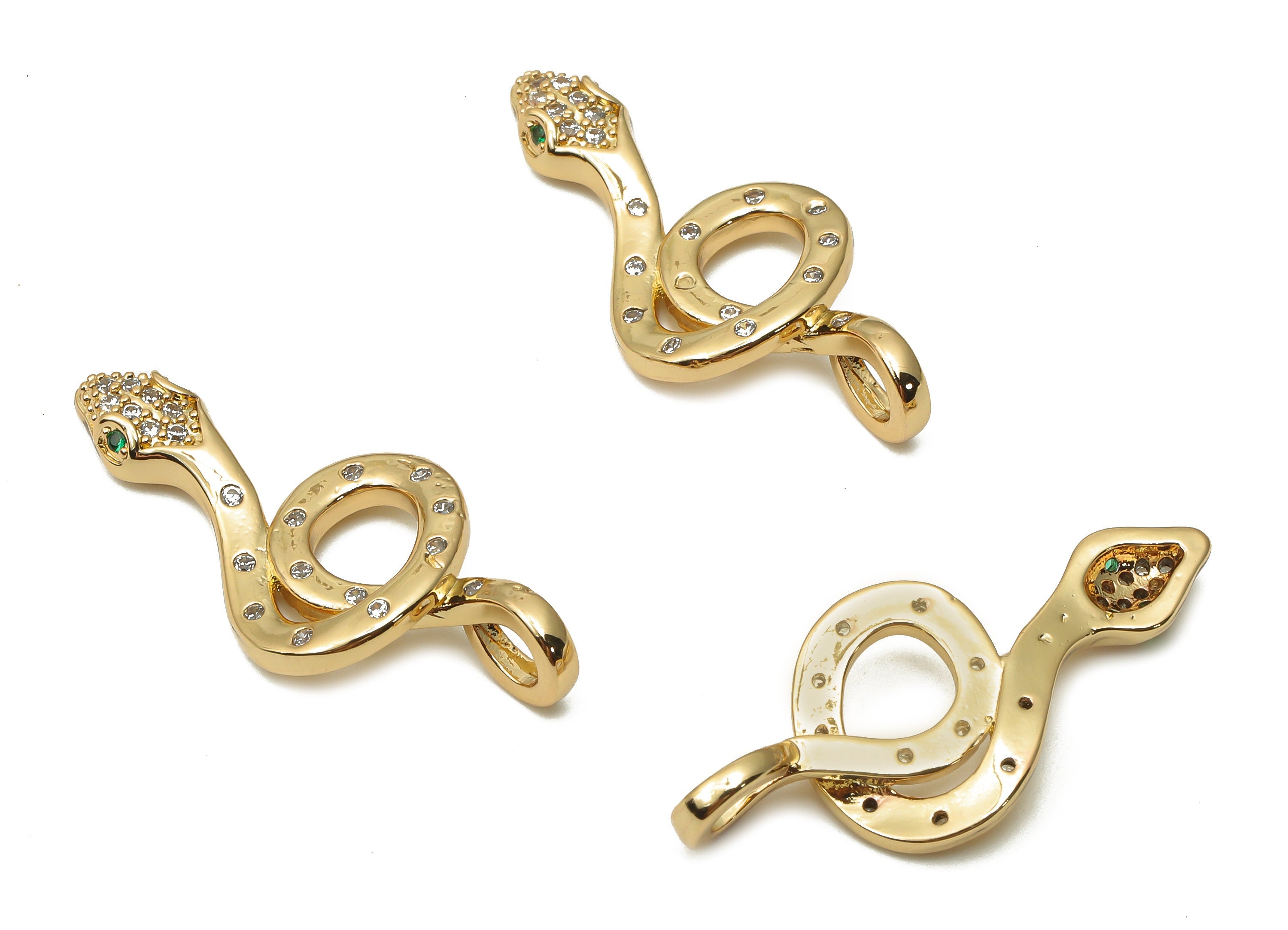 Brass Green Eye Snake Charms - Brass Dot Snake Necklace with Zircons - Snake Pendant - 18K Real Gold Plated - 31.29x13.83x2.97mm - RGP4915 - DOMEDBAZAAR