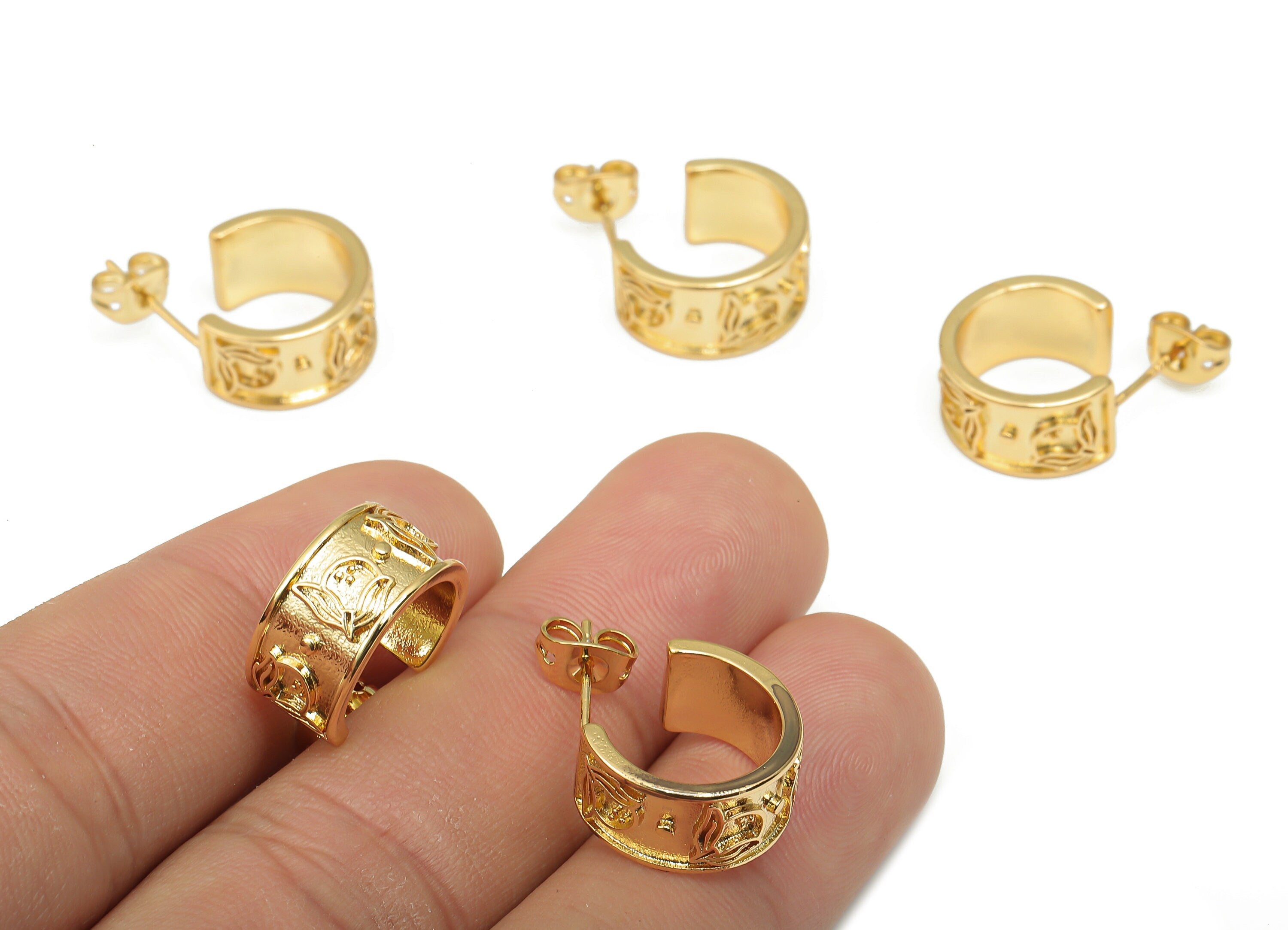 Gold Thick Hoop Earring - Bass Flower Hoop Earring - 18K Real Gold Plated Brass Posts - Imitation Silver Stud -15.1x7.8x1.6mm - RGP4546 - DOMEDBAZAAR