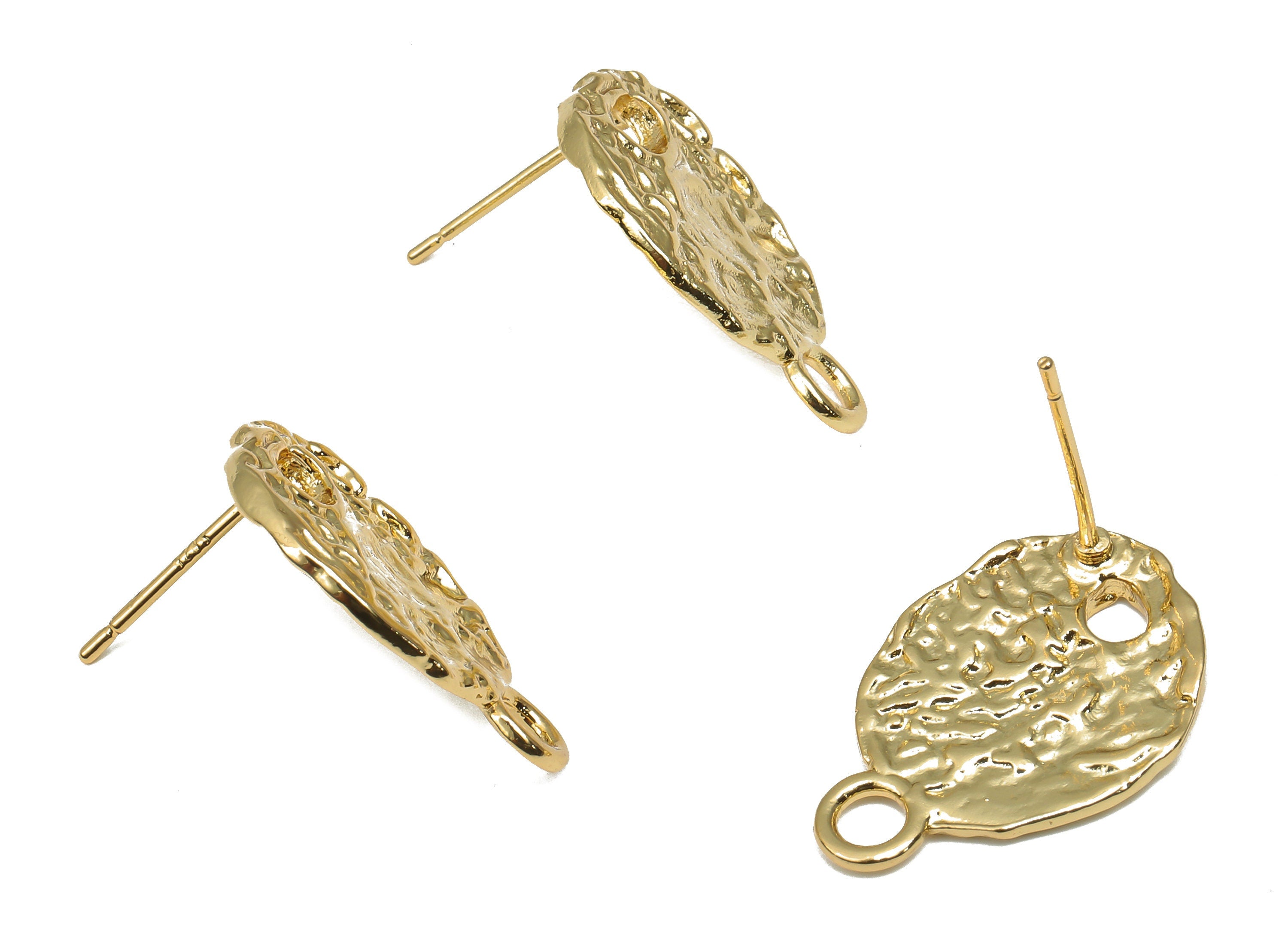 Gold Oval Earring Stud - Brass Hammered Stud With Loop - 18K Real Gold Plated Brass Earring - Imitation Silver Stud - 20.3x14x1.7mm- RGP4547 - DOMEDBAZAAR