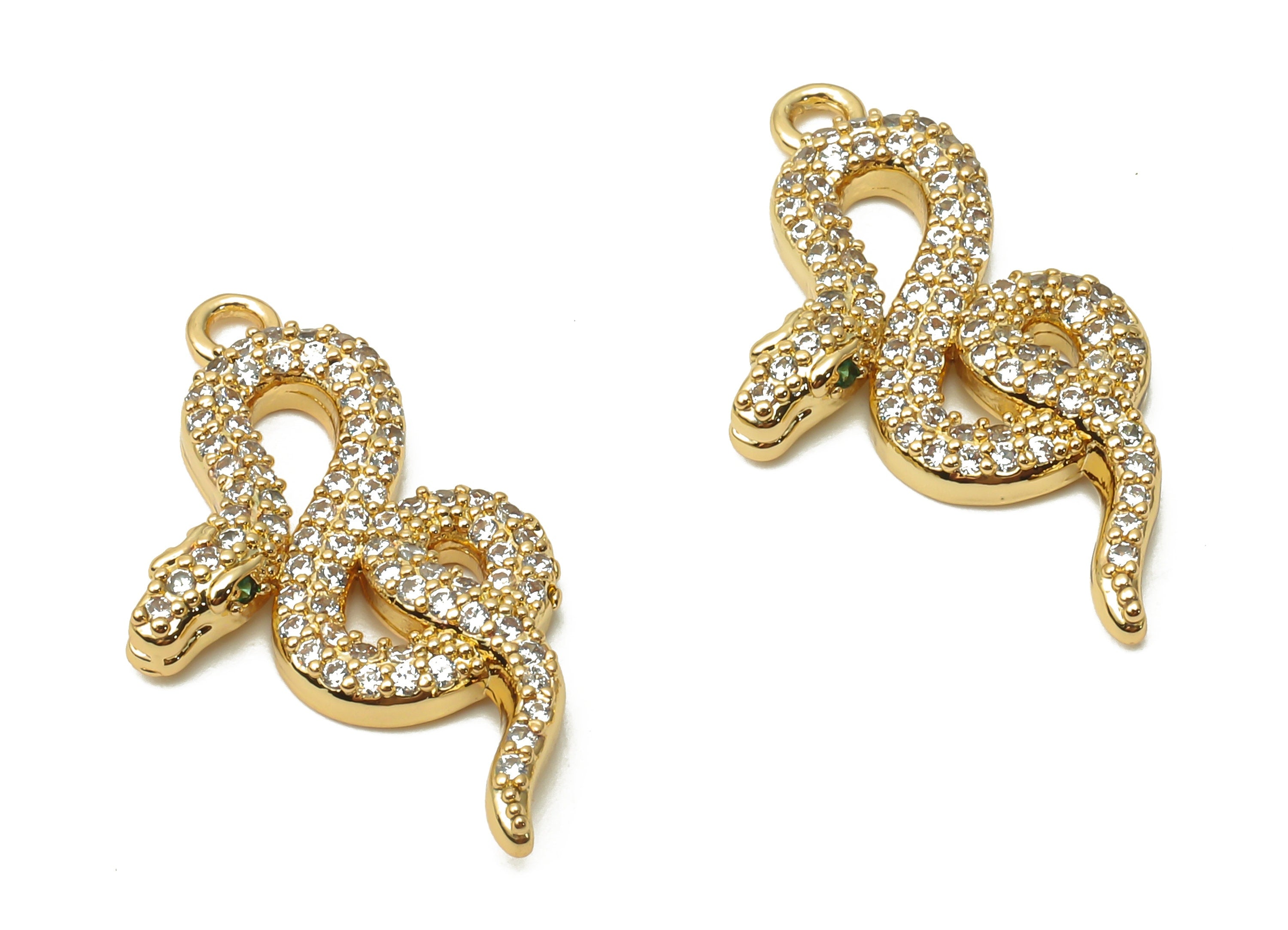 Brass Snake Earring with Zircons - Brass Green Eye Snake Charm - Brass Snake Pendant - 18K Real Gold Plated - 24.34x13.74x2.58mm - RGP4919 - DOMEDBAZAAR
