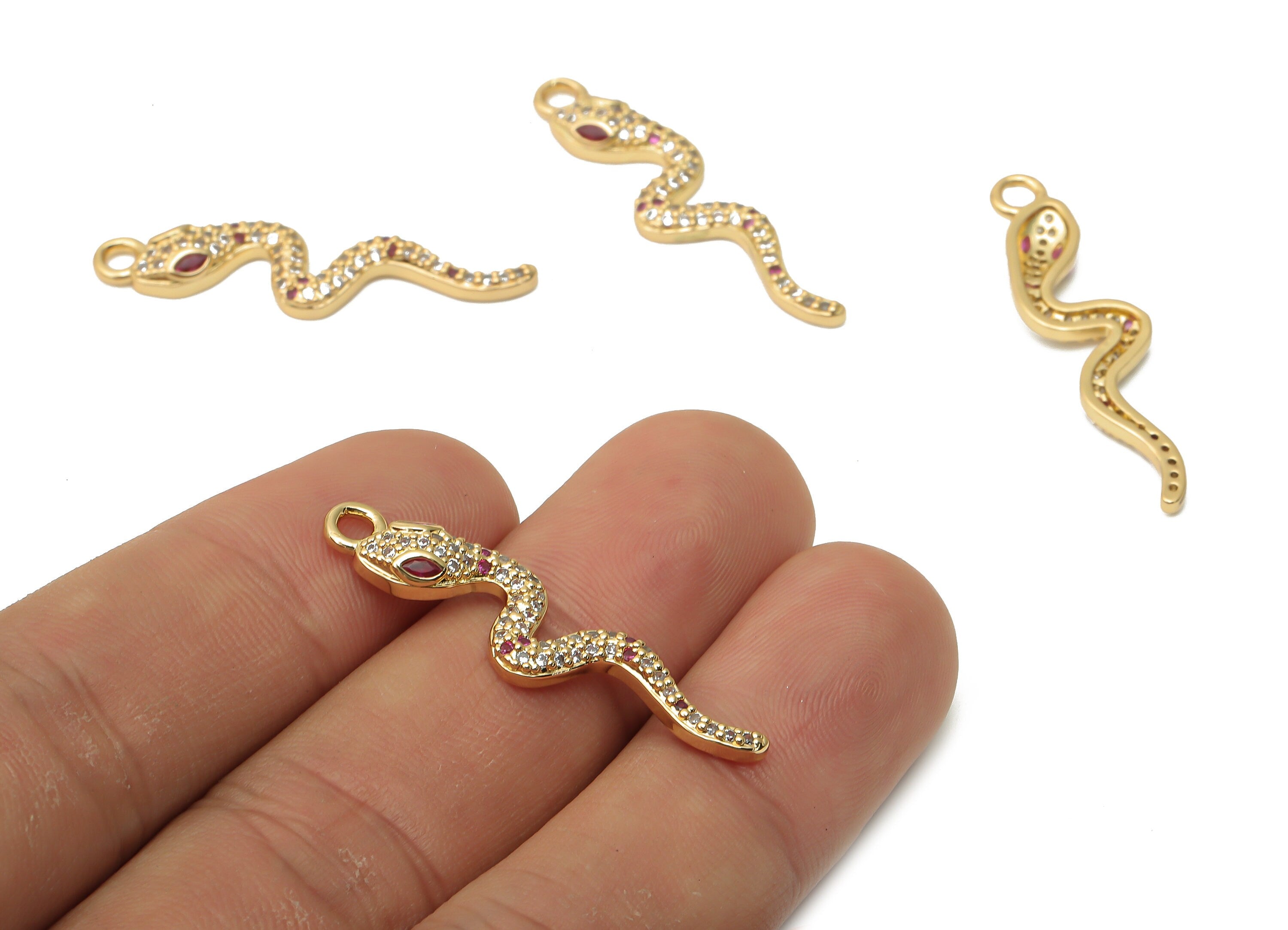 Brass Mini Snake Earring Charms - Brass Snake Necklace with Zircons - Snake For Pendant- 18K Real Gold Plated -34.88x8.35x3.2mm - RGP4921 - DOMEDBAZAAR