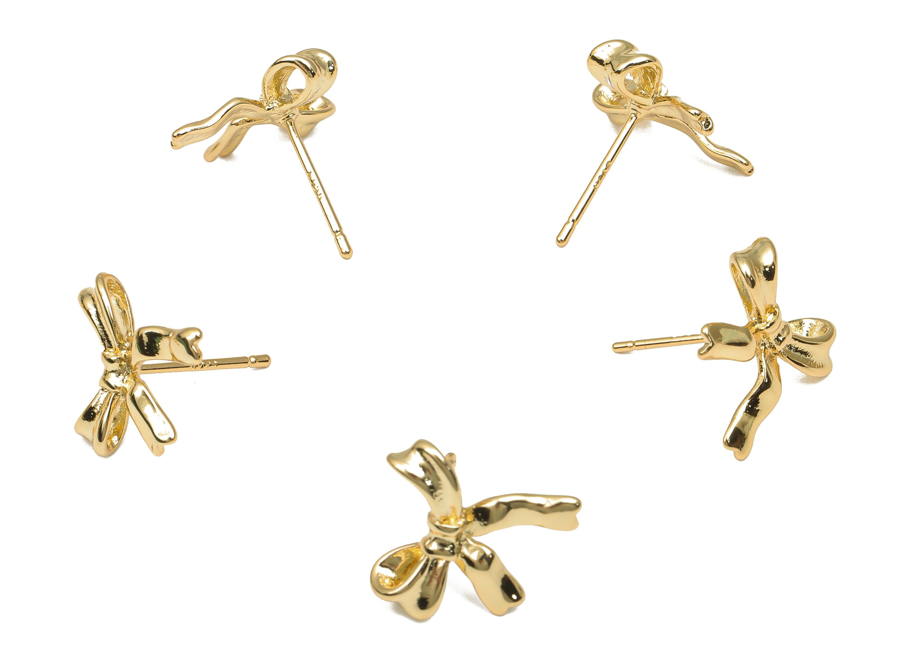 Gold Bowtie Earring Stud - Brass Bowknot Stud - 18K Real Gold Plated Brass Bowknot Ear Post - Imitation Silver Stud - 4.1x13.5x1mm - RGP4548 - DOMEDBAZAAR