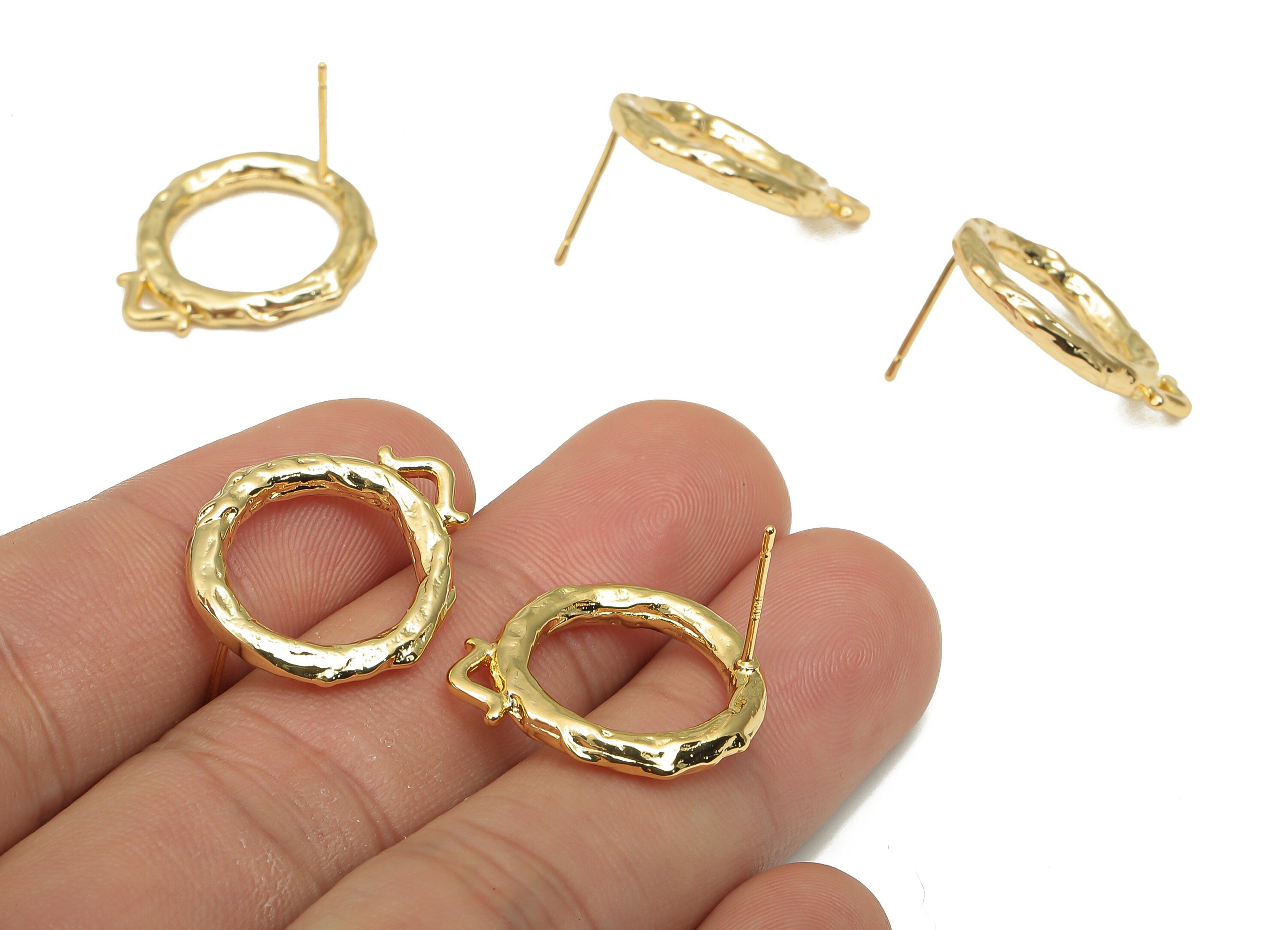 Brass Textured Round Earring Stud With Loop - 18K Real Gold Plated Brass - Imitation Silver Stud - Earring Post - 22.4x18.5x2.8mm - RGP4549 - DOMEDBAZAAR
